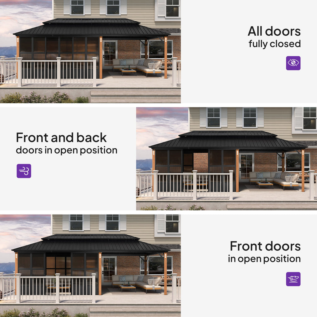 PURPLE LEAF Sunroom Hardtop Gazebo with Wood Grain Columns Black Frame Double Roof Galvanized Steel Solarium All-Weather Screen House with String Lights