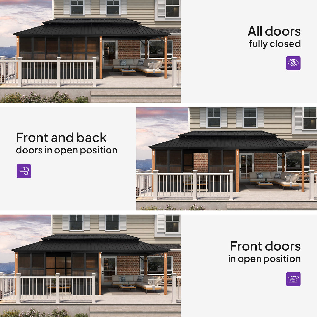 PURPLE LEAF Sunroom Hardtop Gazebo with Wood Grain Columns Black Frame Double Roof Galvanized Steel Solarium All-Weather Screen House with String Lights