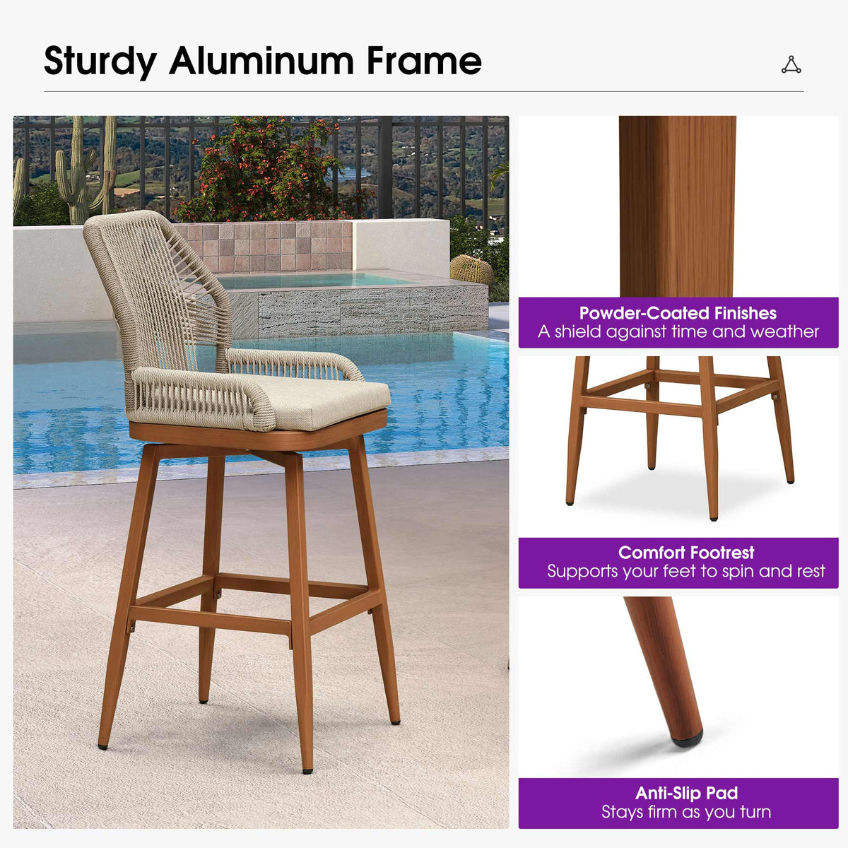PURPLE LEAF Outdoor Swivel Bar Stools Set of 2 Patio 360° Rotating All-Weather Wicker Stools with Back and Cushion for Outside Backyard Kitchen Bistro Garden Bar
