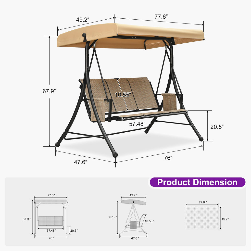 PURPLE LEAF Porch Swing with Adjustable Tilt Canopy Patio Swing with Stand and Meatl Steel Frame All-Weather Outdoor Swing Chair Seat Space-Saving for Backyard Garden Deck