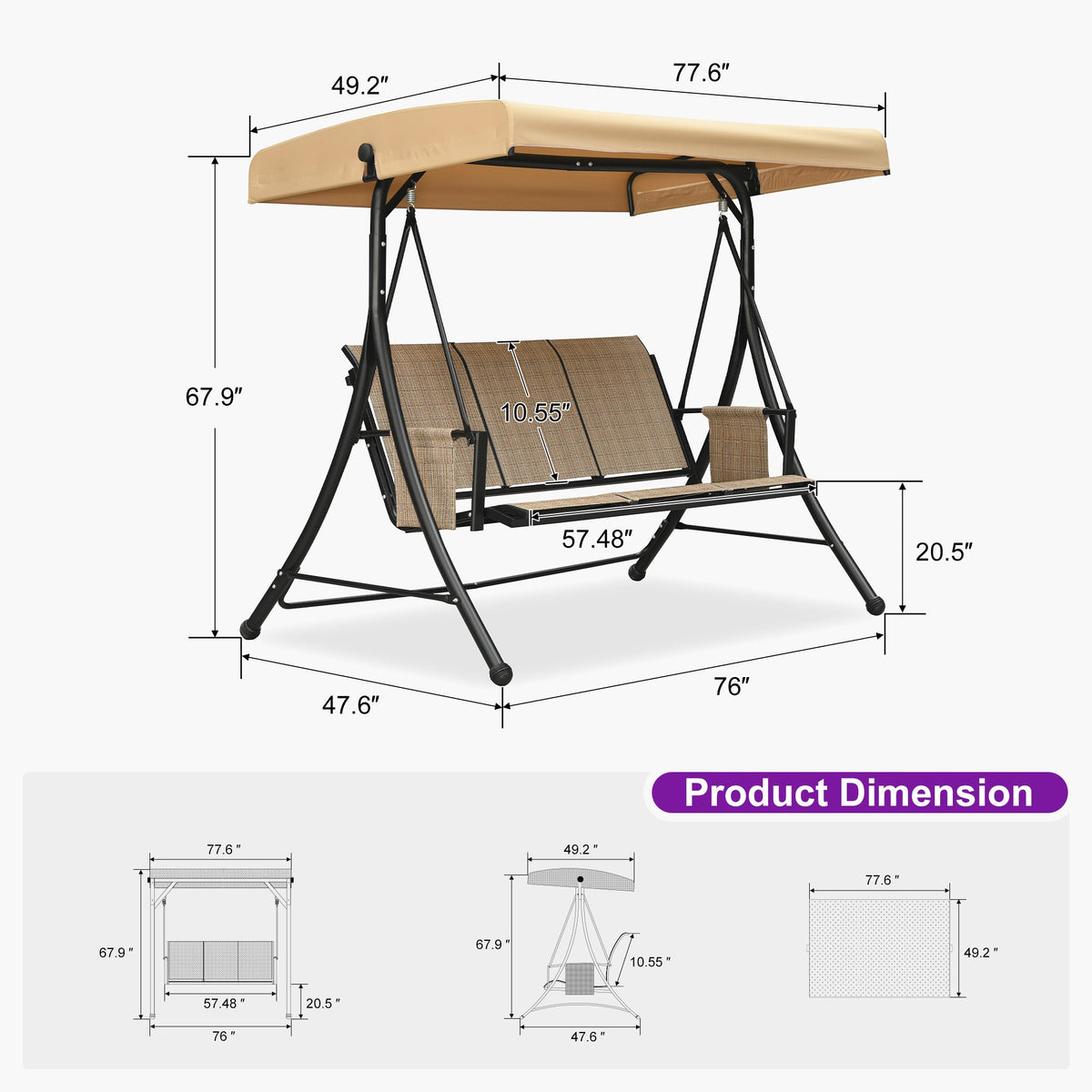 PURPLE LEAF Porch Swing with Adjustable Tilt Canopy Patio Swing with Stand and Meatl Steel Frame All-Weather Outdoor Swing Chair Seat Space-Saving for Backyard Garden Deck