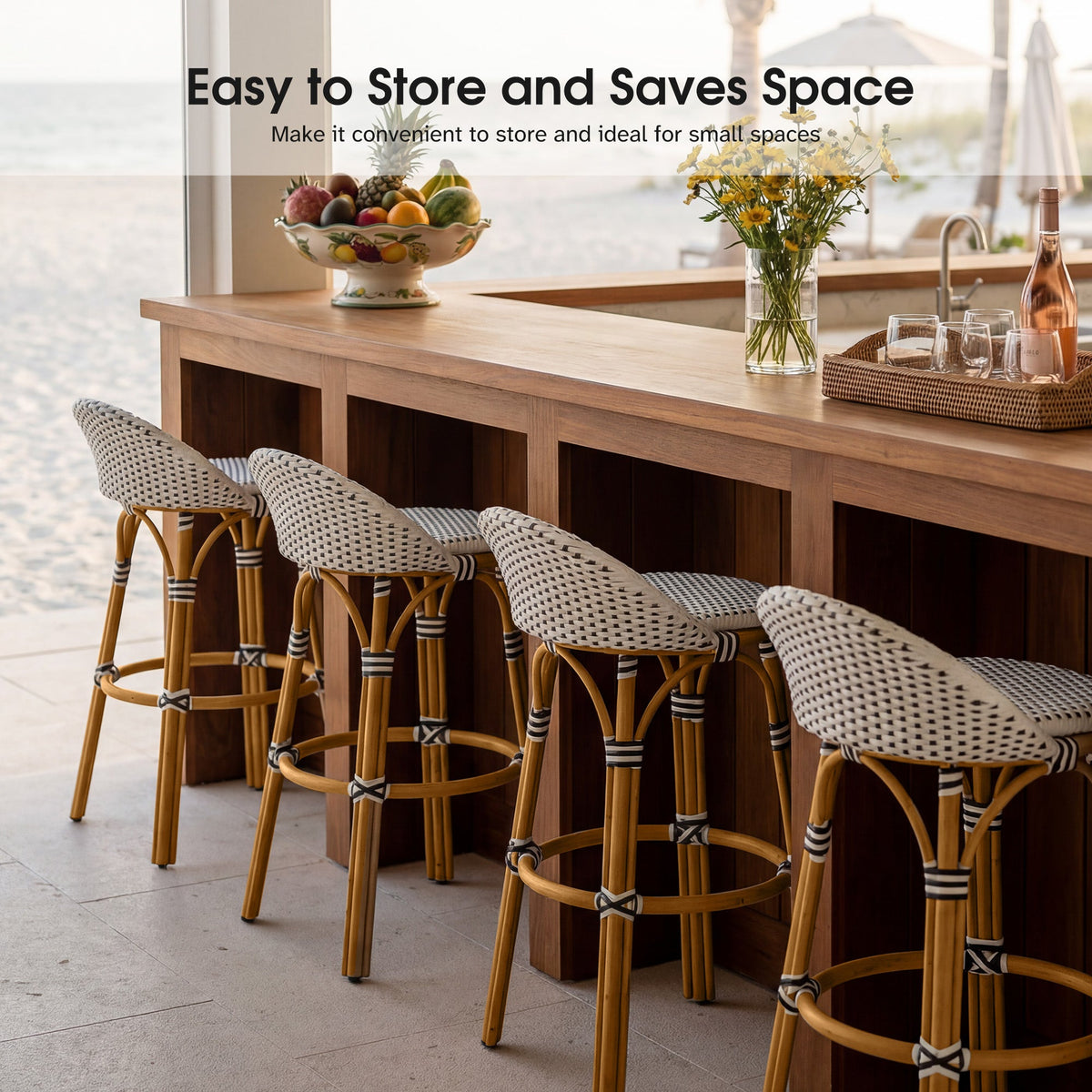 PURPLE LEAF Patio Oversized Backrest Bar Height Stool Set of 2 Outdoor Round Barstools Aluminum Frame Woven Rattan for Indoor Kitchen Dining Bistros Cafe Restaurant