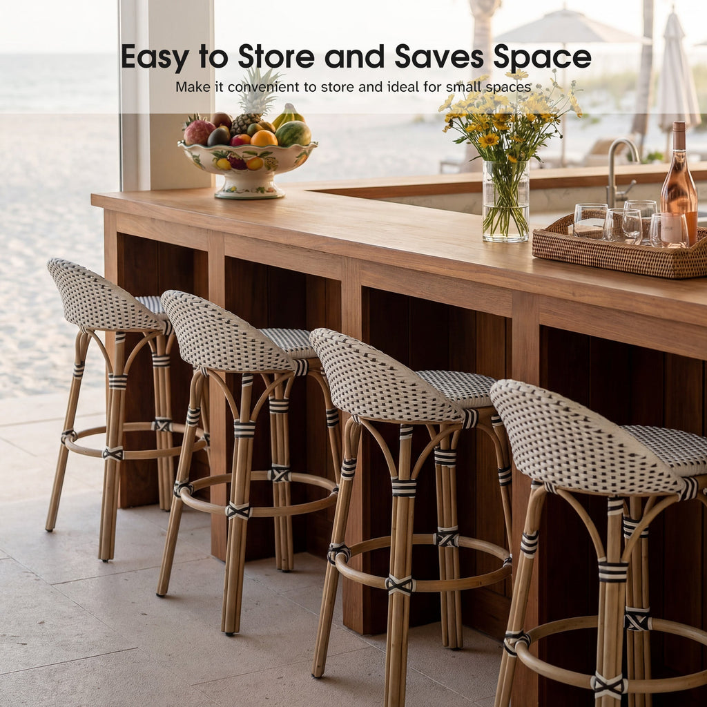 PURPLE LEAF Patio Oversized Backrest Bar Height Stool Set of 2 Outdoor Round Barstools Aluminum Frame Woven Rattan for Indoor Kitchen Dining Bistros Cafe Restaurant