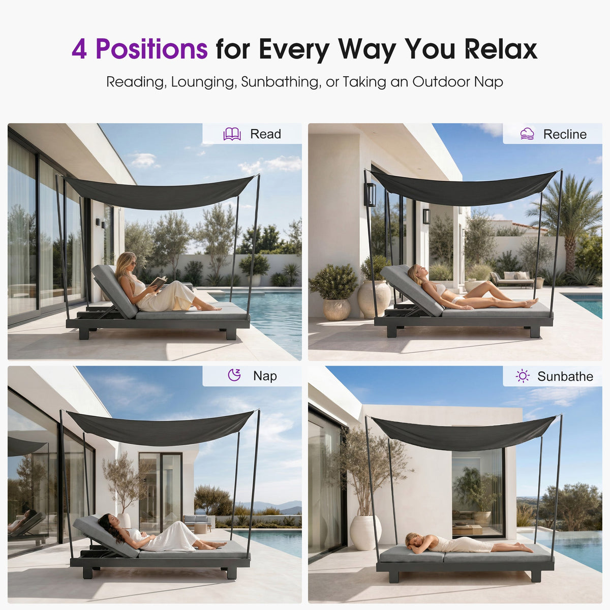 PURPLE LEAF Outdoor Luxury Daybed for Patio,  Poolside Chaise Lounge Bed with Cushion, Olefin Blend Fabric, Aluminum Frame Sunbed for Deck and Backyard