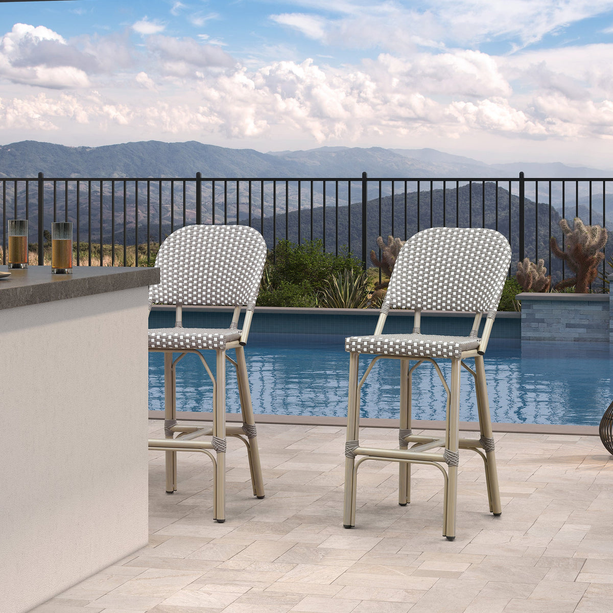 PURPLE LEAF Outdoor Bar Height Stools Set of 2 French Country Patio Rattan Bar Stool Chairs Outdoor Armless Barstools for Porch Garden Indoor Kitchen