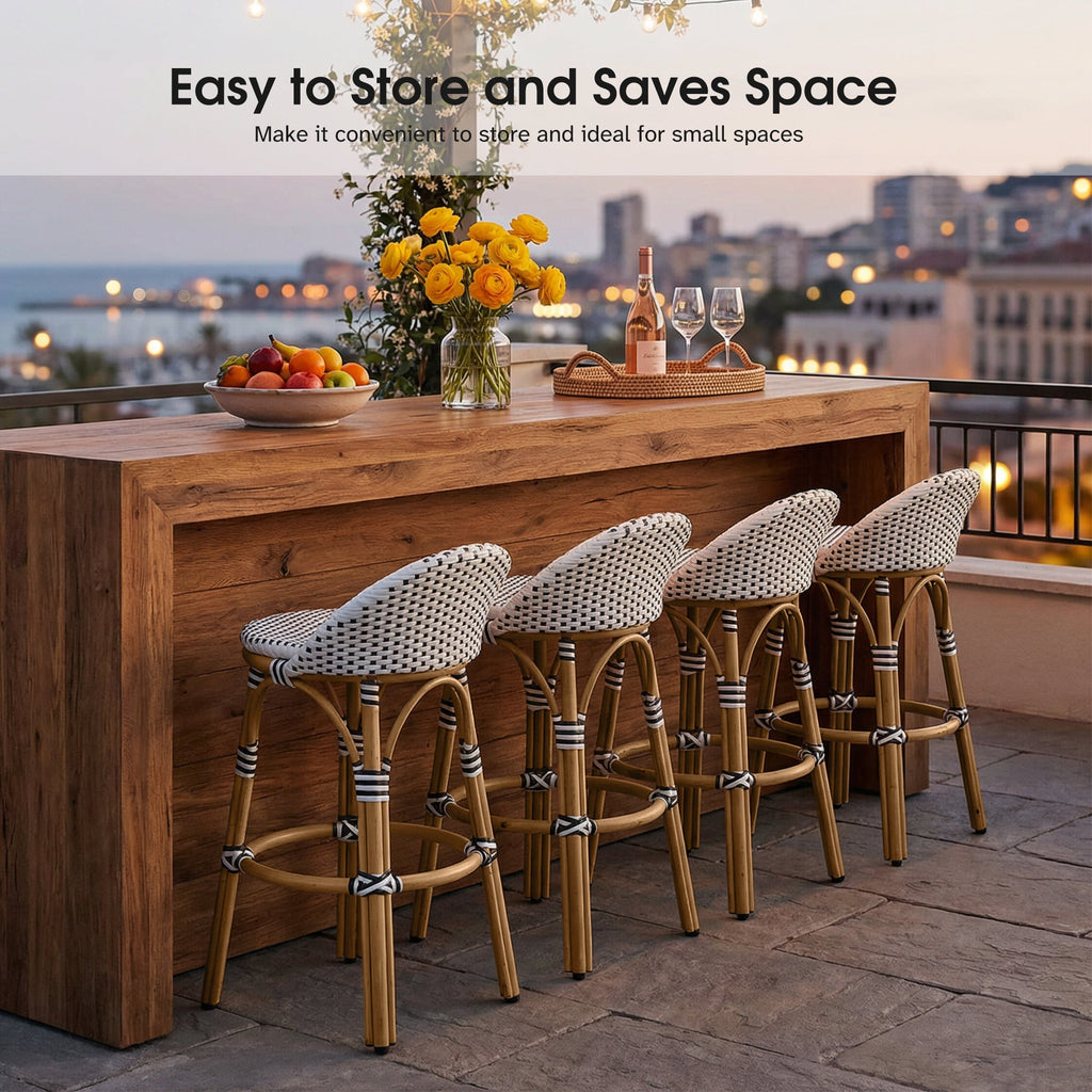 PURPLE LEAF Patio Oversized Backrest Bar Height Stool Set of 2 Outdoor Round Barstools Aluminum Frame Woven Rattan for Indoor Kitchen Dining Bistros Cafe Restaurant