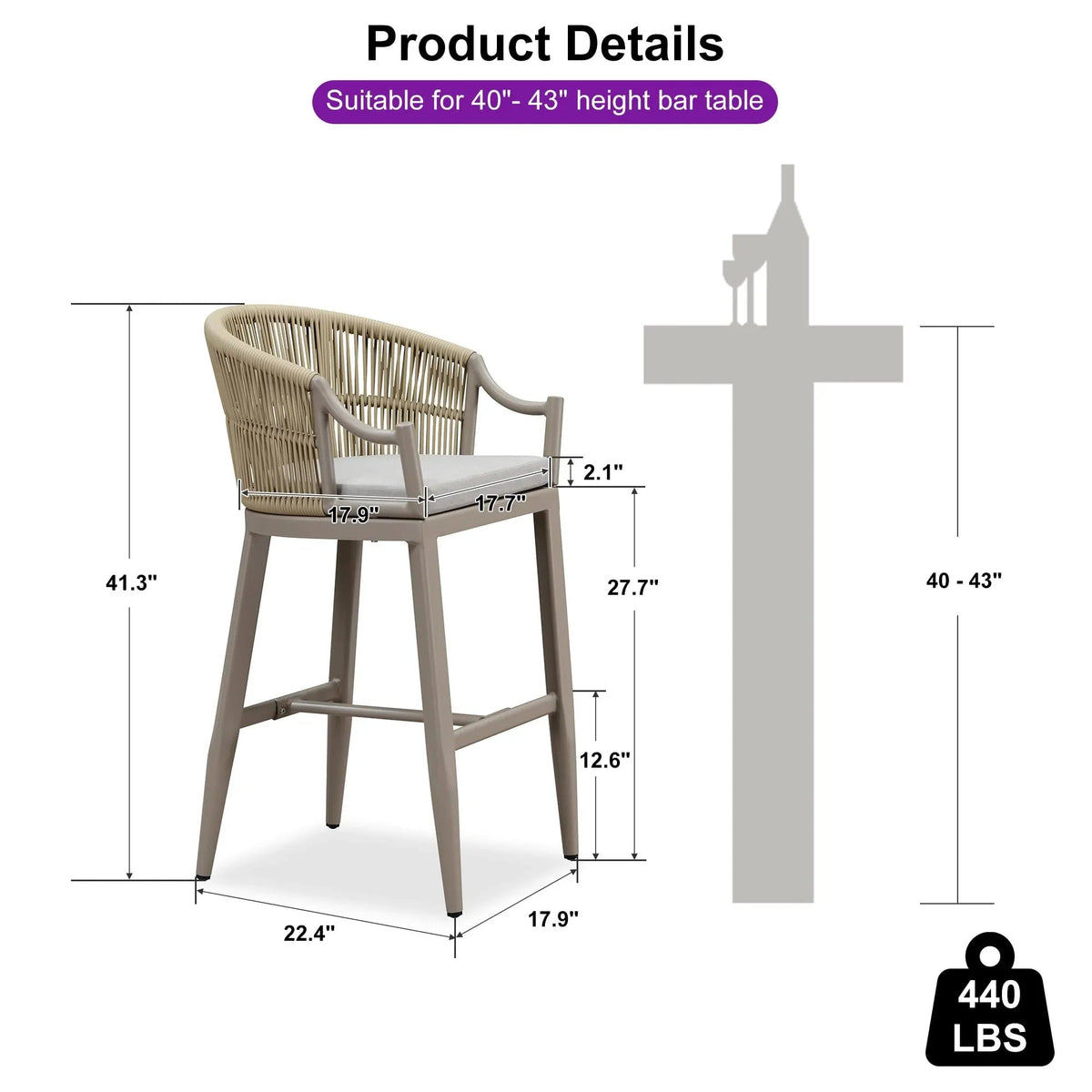 PURPLE LEAF Patio Bar Stools Set of 2 Outdoor Wicker Modern High Bar Chairs Metal Cushioned Barstools with Backs and Ergonomic Armrest