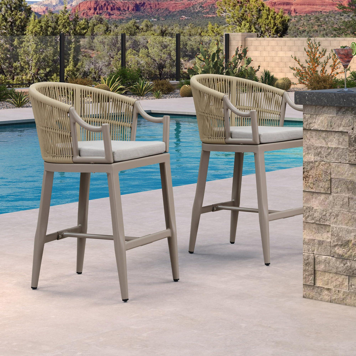 PURPLE LEAF Patio Bar Stools Set of 2 Outdoor Wicker Modern High Bar Chairs Metal Cushioned Barstools with Backs and Ergonomic Armrest