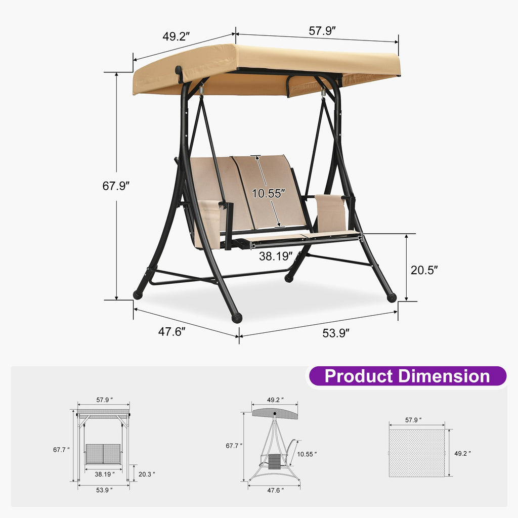 PURPLE LEAF Porch Swing with Adjustable Tilt Canopy Patio Swing with Stand and Meatl Steel Frame All-Weather Outdoor Swing Chair Seat Space-Saving for Backyard Garden Deck