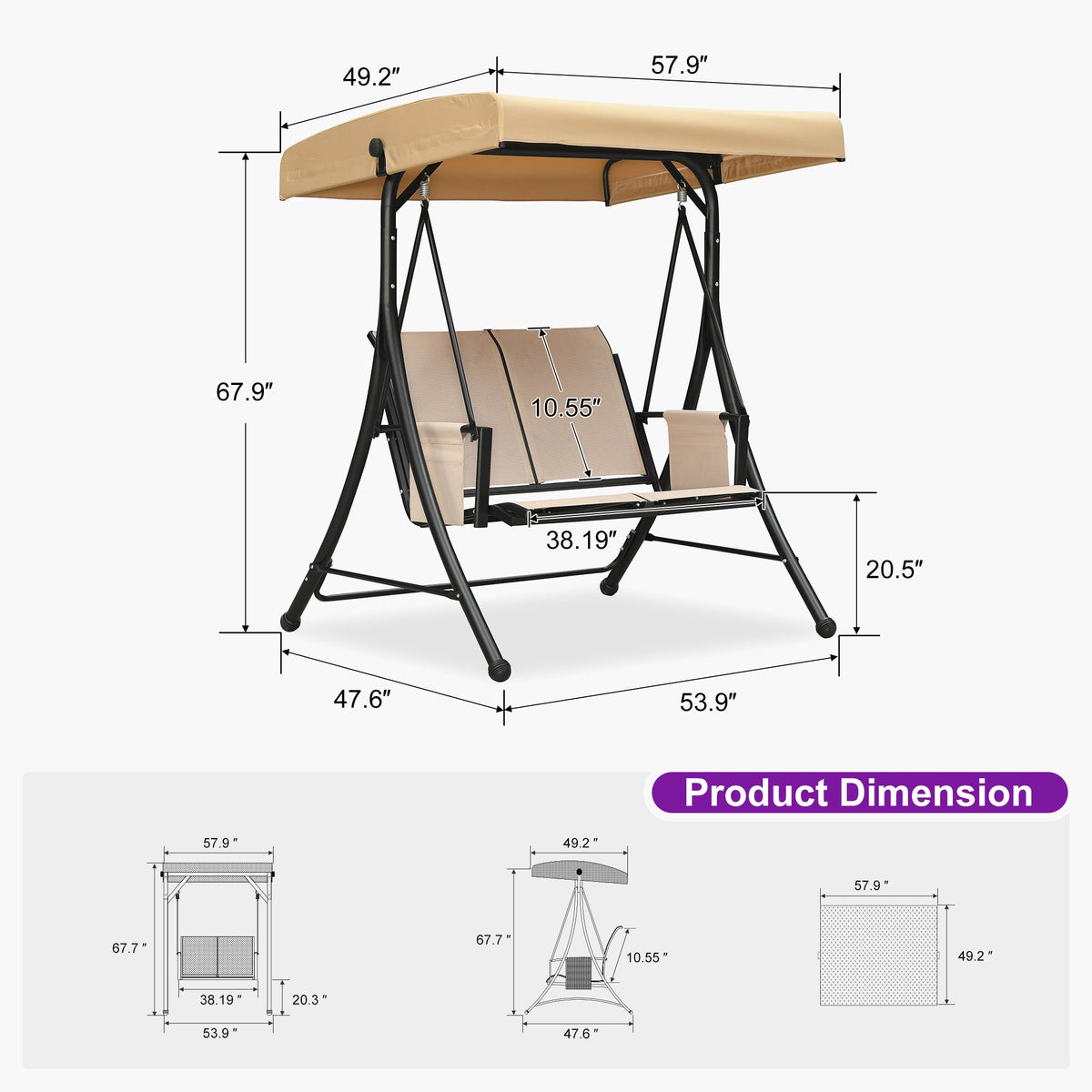 PURPLE LEAF Porch Swing with Adjustable Tilt Canopy Patio Swing with Stand and Meatl Steel Frame All-Weather Outdoor Swing Chair Seat Space-Saving for Backyard Garden Deck