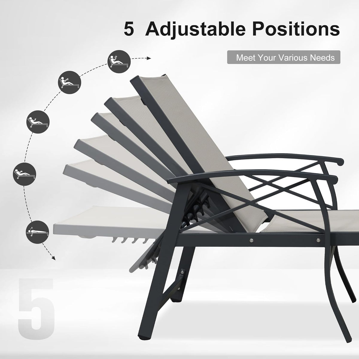 PURPLE LEAF Oversized Chaise Lounge Chair Outdoor Extra Wide Pool Lounge Chairs 5 Adjustable Position with Armrests and Side Table, Aluminum Patio Lounge Chair for Outside, Backyard, Pool