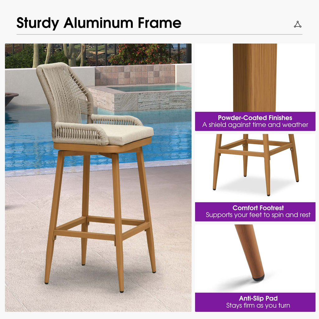 PURPLE LEAF Outdoor Swivel Bar Stools Set of 2 Patio 360° Rotating All-Weather Wicker Stools with Back and Cushion for Outside Backyard Kitchen Bistro Garden Bar