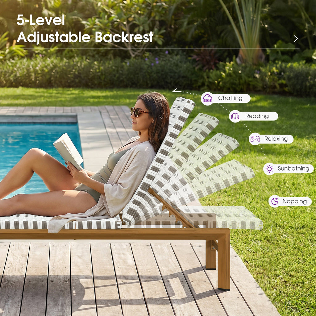 PURPLE LEAF Outdoor Teak Chaise Lounge Chair, Wood Grain Aluminum Outdoor Pool Lounge Chairs with Adjustable Backrest, Breathable Recliner for Patio, Poolside, Garden