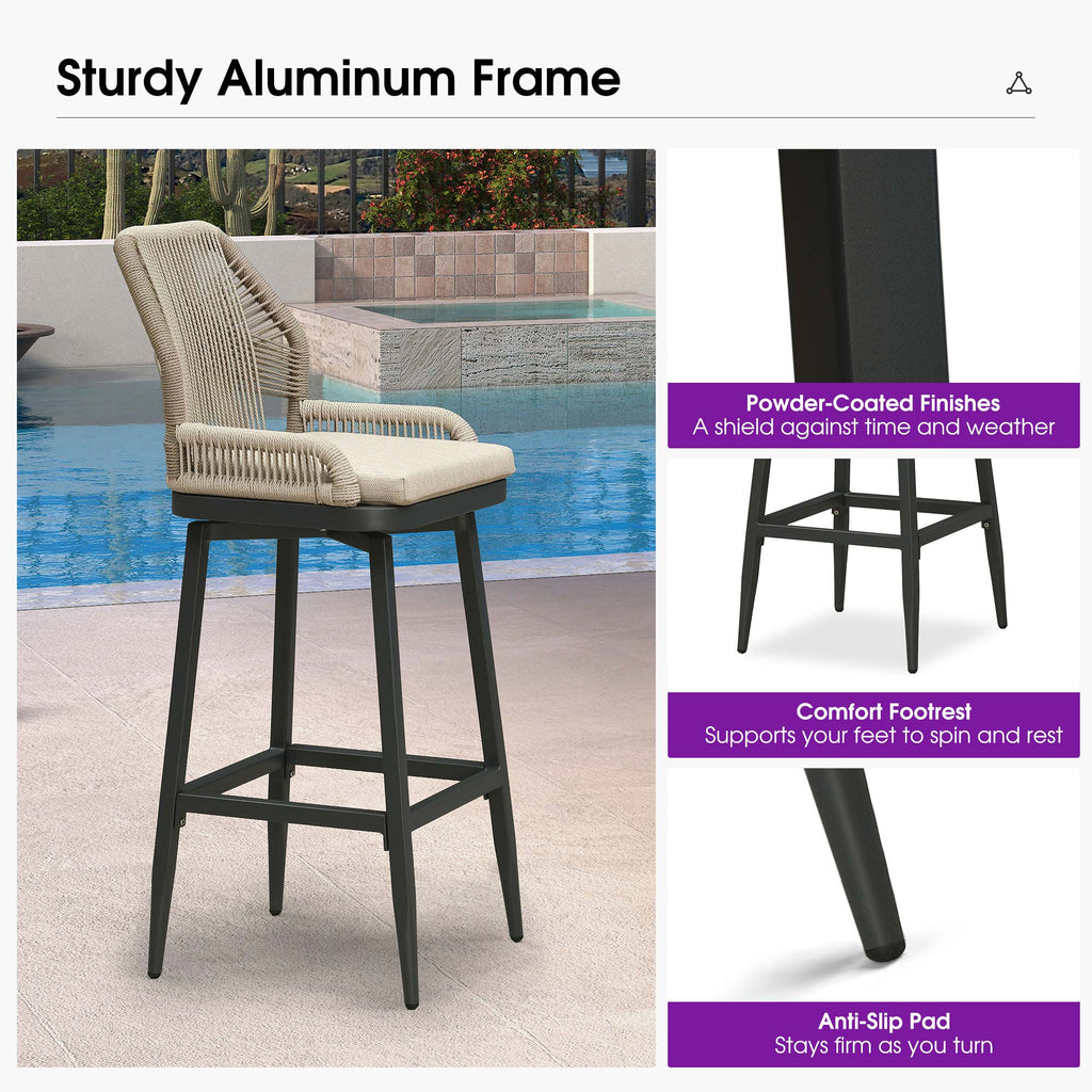 PURPLE LEAF Outdoor Swivel Bar Stools Set of 2 Patio 360° Rotating All-Weather Wicker Stools with Back and Cushion for Outside Backyard Kitchen Bistro Garden Bar
