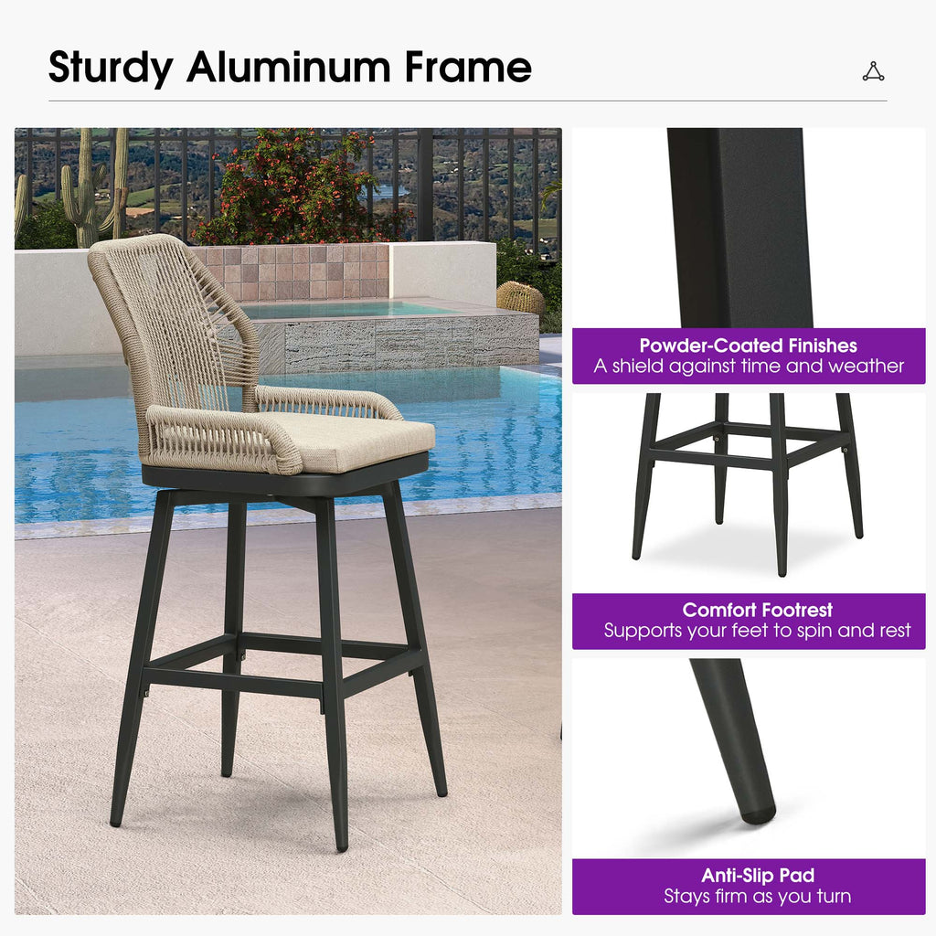 PURPLE LEAF Outdoor Swivel Bar Stools Set of 2 Patio 360° Rotating All-Weather Wicker Stools with Back and Cushion for Outside Backyard Kitchen Bistro Garden Bar