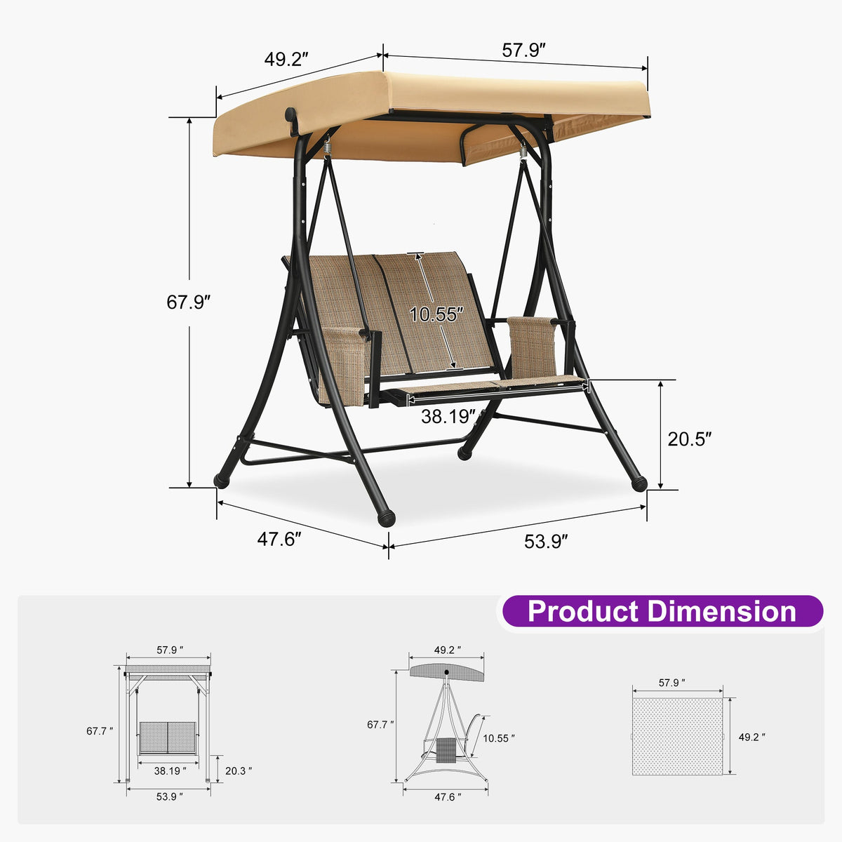PURPLE LEAF Porch Swing with Adjustable Tilt Canopy Patio Swing with Stand and Meatl Steel Frame All-Weather Outdoor Swing Chair Seat Space-Saving for Backyard Garden Deck