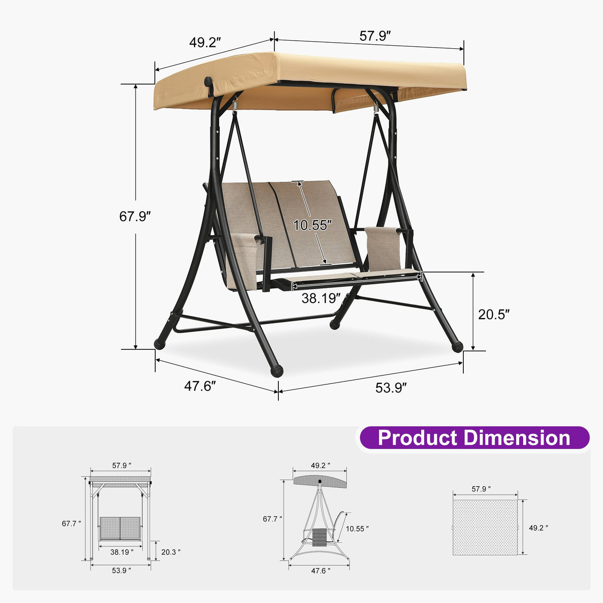 PURPLE LEAF Porch Swing with Adjustable Tilt Canopy Patio Swing with Stand and Meatl Steel Frame All-Weather Outdoor Swing Chair Seat Space-Saving for Backyard Garden Deck
