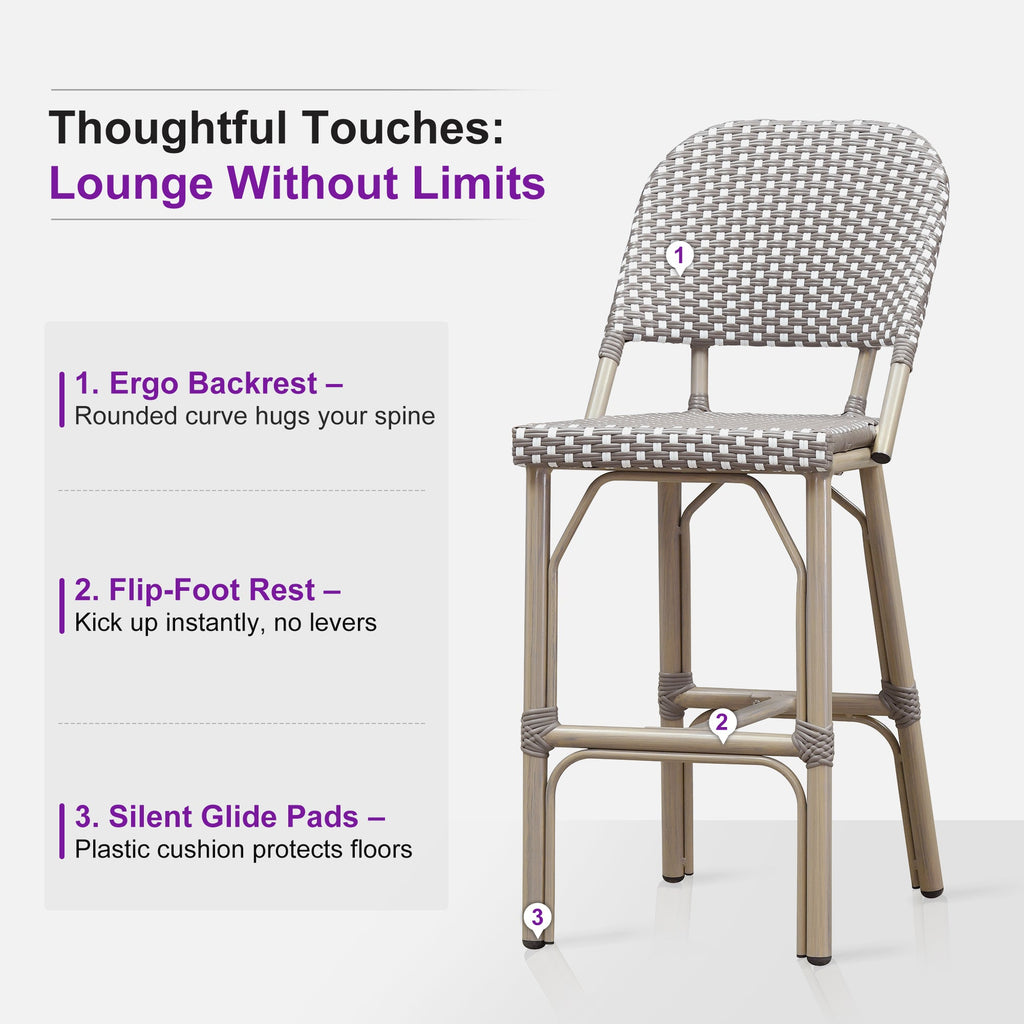 PURPLE LEAF Outdoor Bar Height Stools Set of 2 French Country Patio Rattan Bar Stool Chairs Outdoor Armless Barstools for Porch Garden Indoor Kitchen