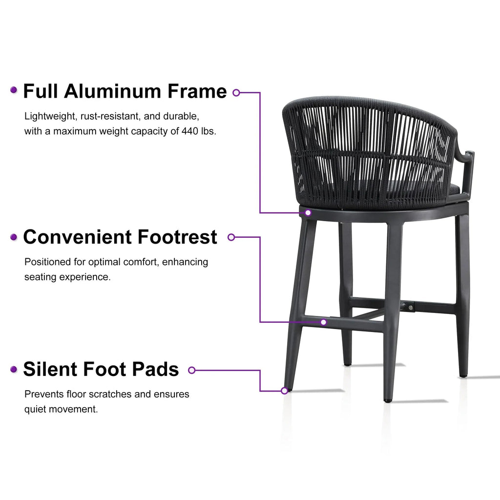 PURPLE LEAF Patio Bar Stools Set of 2 Outdoor Wicker Modern High Bar Chairs Metal Cushioned Barstools with Backs and Ergonomic Armrest