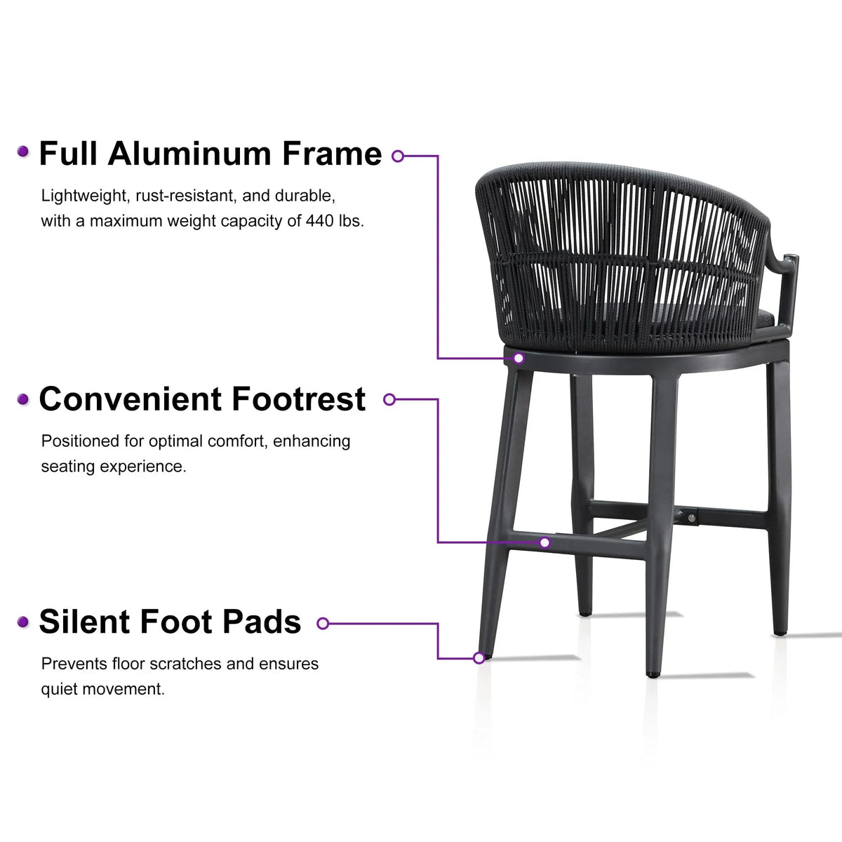 PURPLE LEAF Patio Bar Stools Set of 2 Outdoor Wicker Modern High Bar Chairs Metal Cushioned Barstools with Backs and Ergonomic Armrest