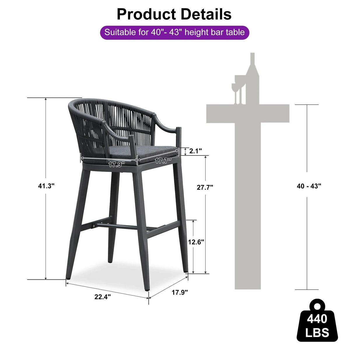 PURPLE LEAF Patio Bar Stools Set of 2 Outdoor Wicker Modern High Bar Chairs Metal Cushioned Barstools with Backs and Ergonomic Armrest