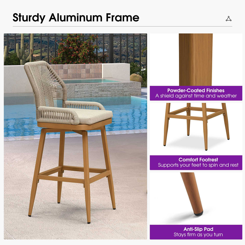 PURPLE LEAF Outdoor Swivel Bar Stools Set of 2 Patio 360° Rotating All-Weather Wicker Stools with Back and Cushion for Outside Backyard Kitchen Bistro Garden Bar