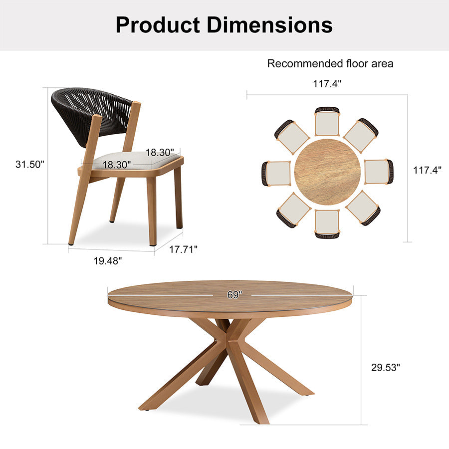 PURPLE LEAF Round Patio Dining Set with Aluminum Frame and Wicker Rattan Dining Chair with Comfortable Cushions for Deck Porch Kitchen Outdoor