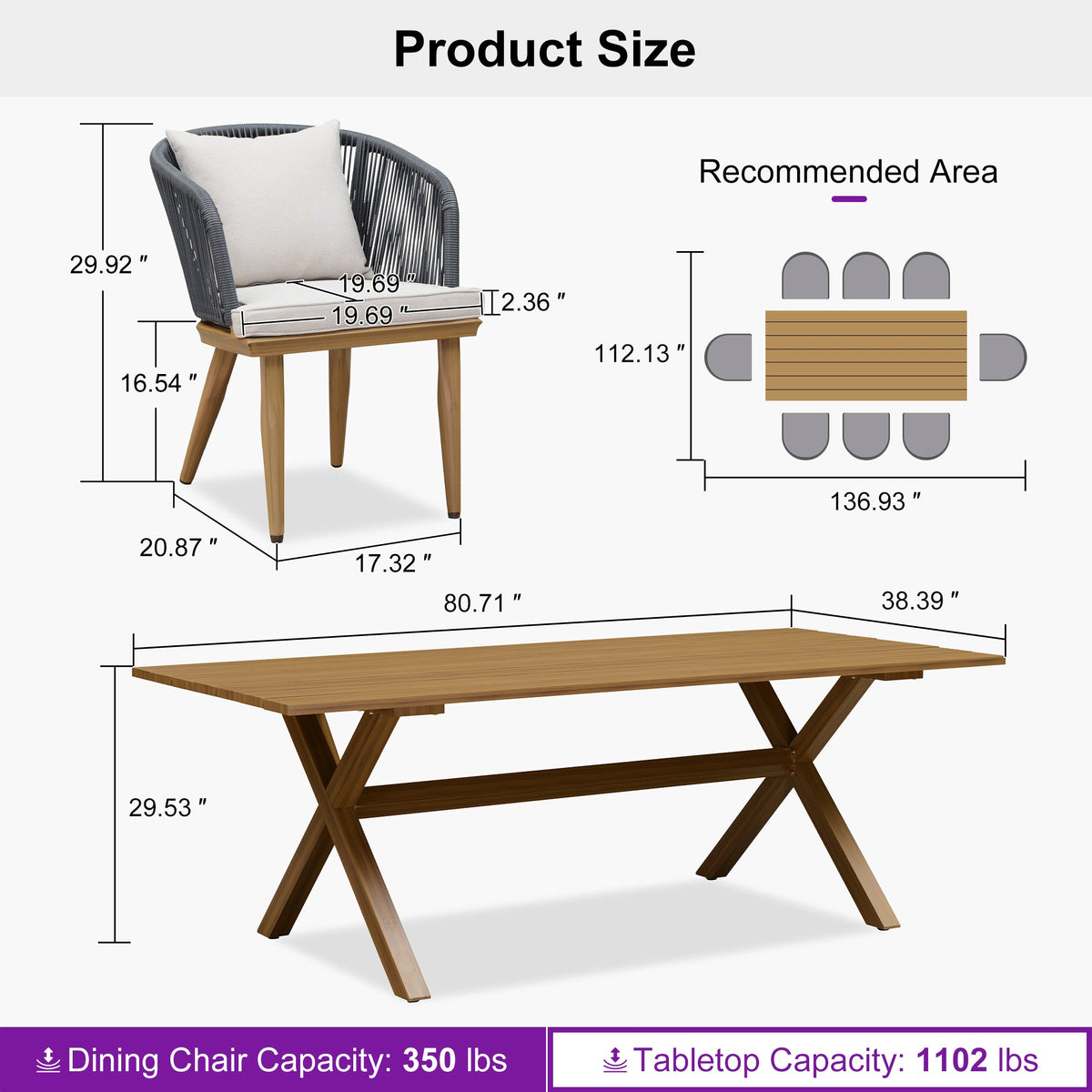 PURPLE LEAF Teak Patio Dining Set with Cushions and Pillow All-Weather Wicker Patio Table Set for Garden, Deck, and Yard