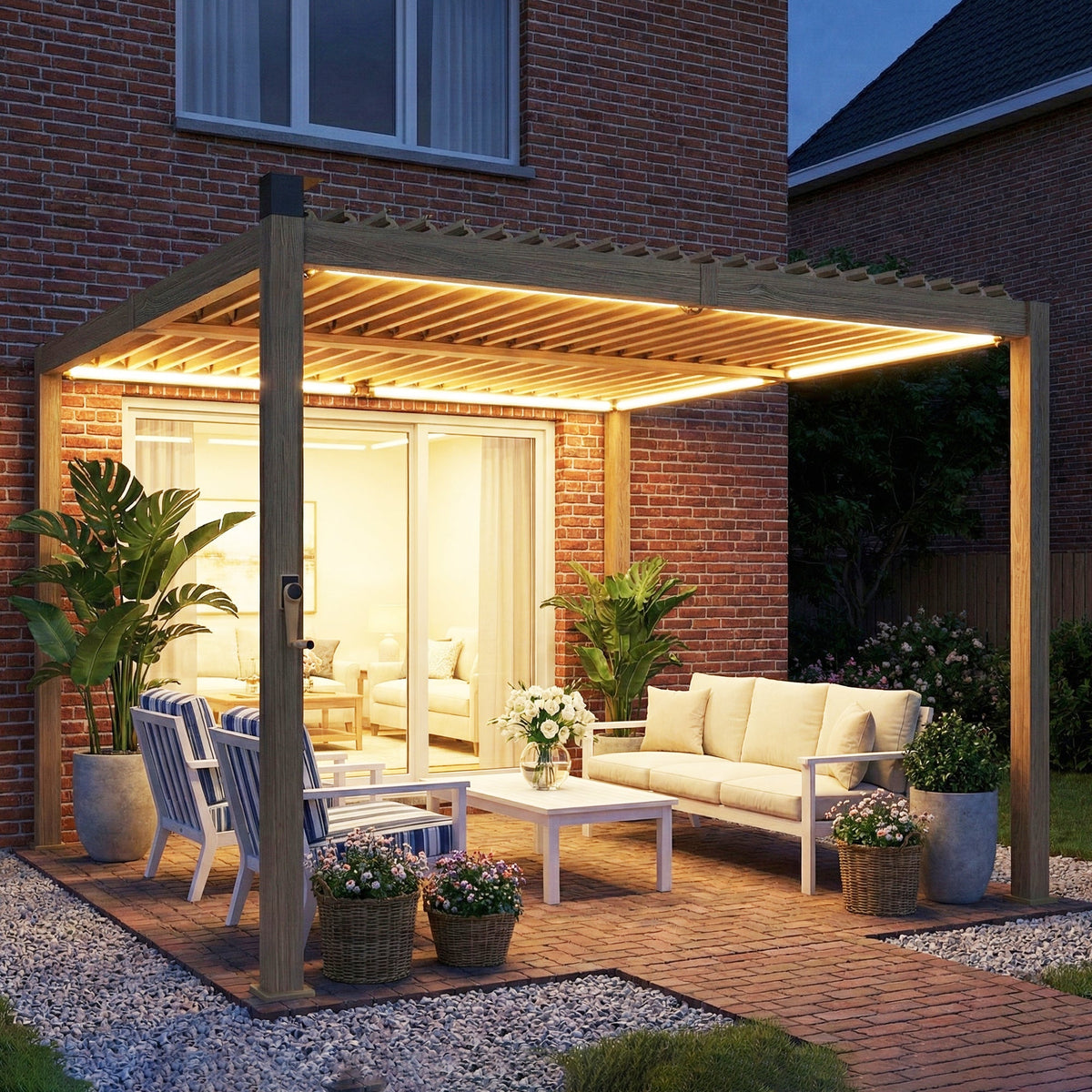 10' x 10' Louvered Pergola with Solar LED Lights and Adjustable Roof, Brown
