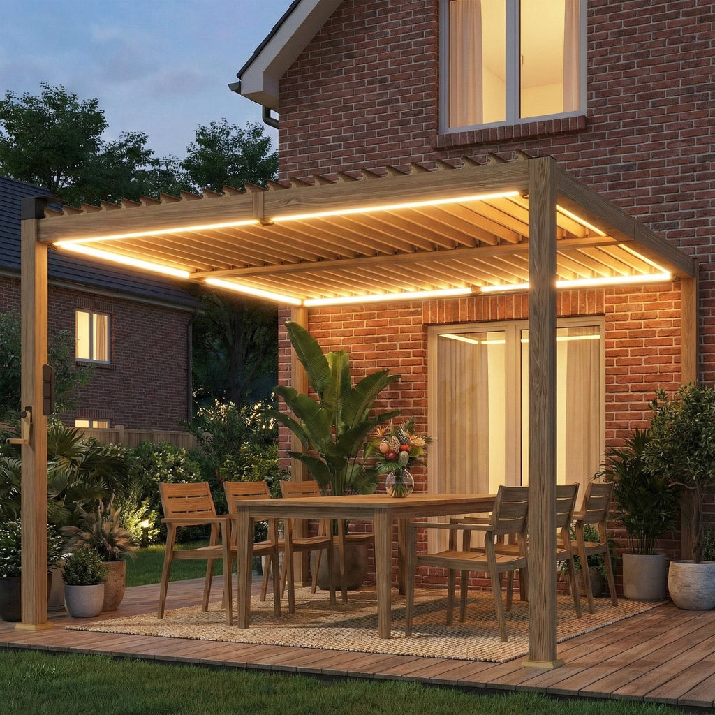 10' x 10' Louvered Pergola with Solar LED Lights and Adjustable Roof, Brown