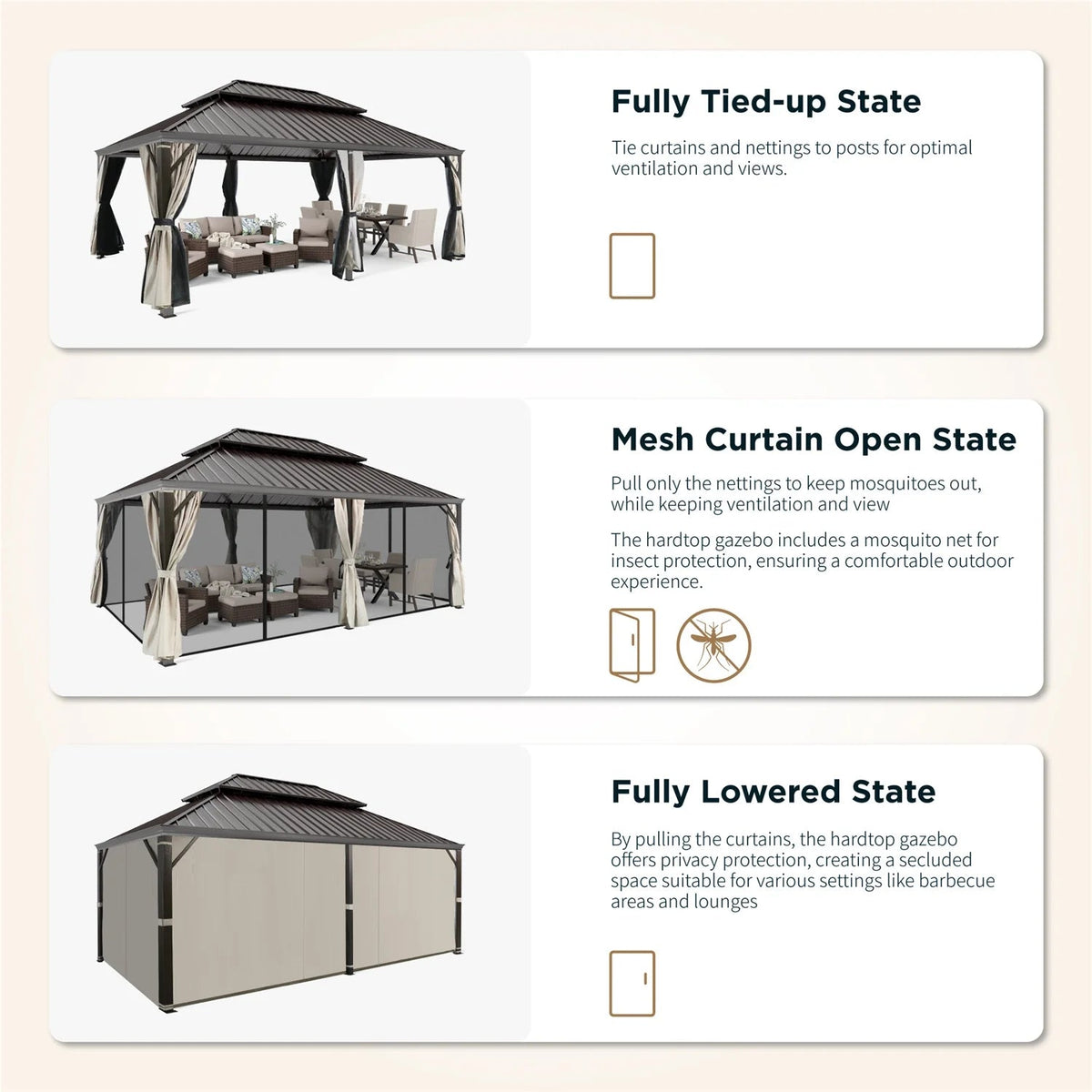 Erommy 14' X 20' Hardtop Gazebo Aluminum Frame Galvanized Steel Double Roof Patio Gazebo with Netting & Curtains Brown