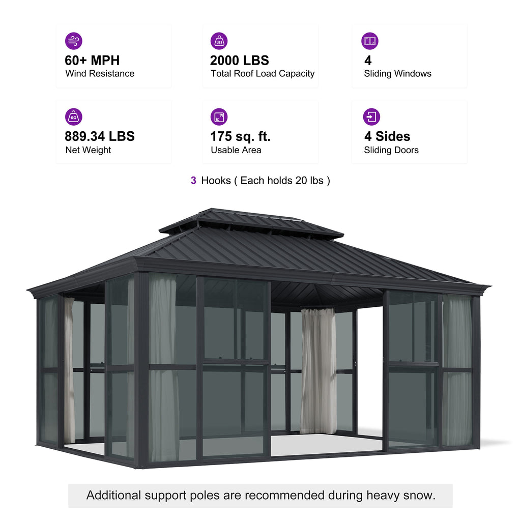 PURPLE LEAF Luxury Sunroom Solarium 360° Transparent Outdoor Living Room with Elegant Curtains Outdoor Gazebo with 4-Side Sliding Doors and Windows for Entertaining with String Lights