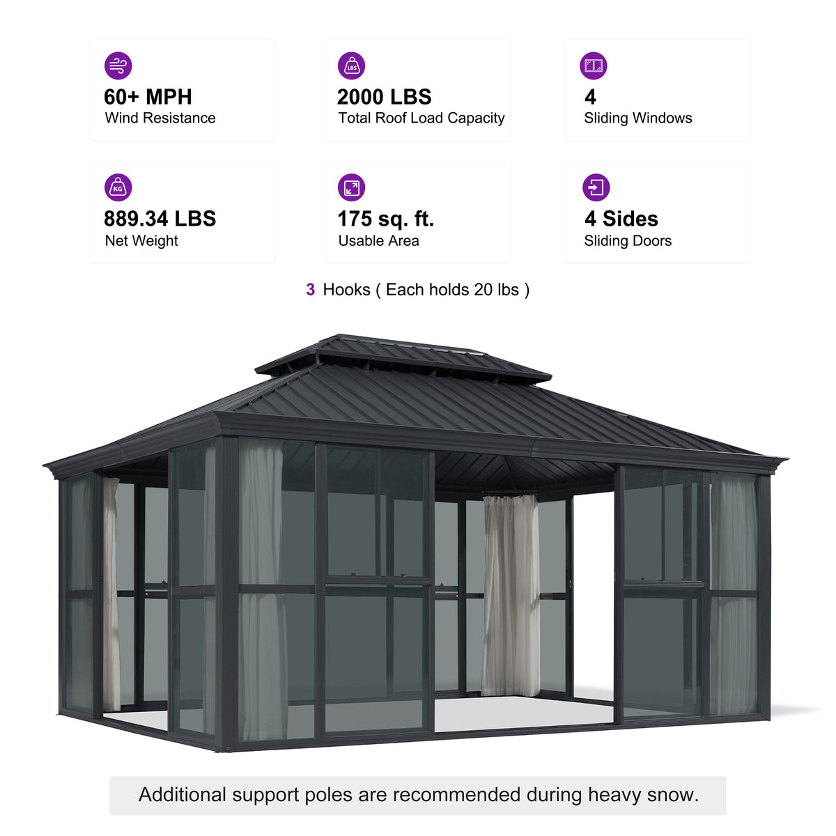 PURPLE LEAF Luxury Sunroom Solarium 360° Transparent Outdoor Living Room with Elegant Curtains Outdoor Gazebo with 4-Side Sliding Doors and Windows for Entertaining with String Lights