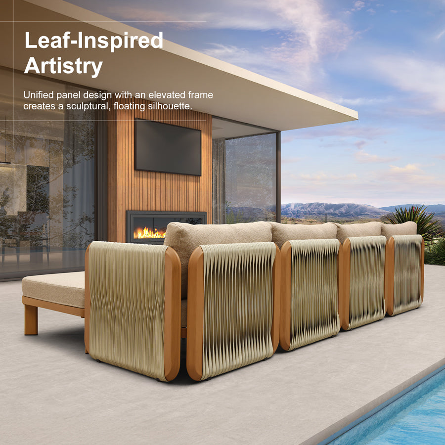 PURPLE LEAF Byron U-Shaped Modular Outdoor Sectional with Wide-Band Woven Design and Wood-Grain Aluminum Frame for Outdoor Courtyard