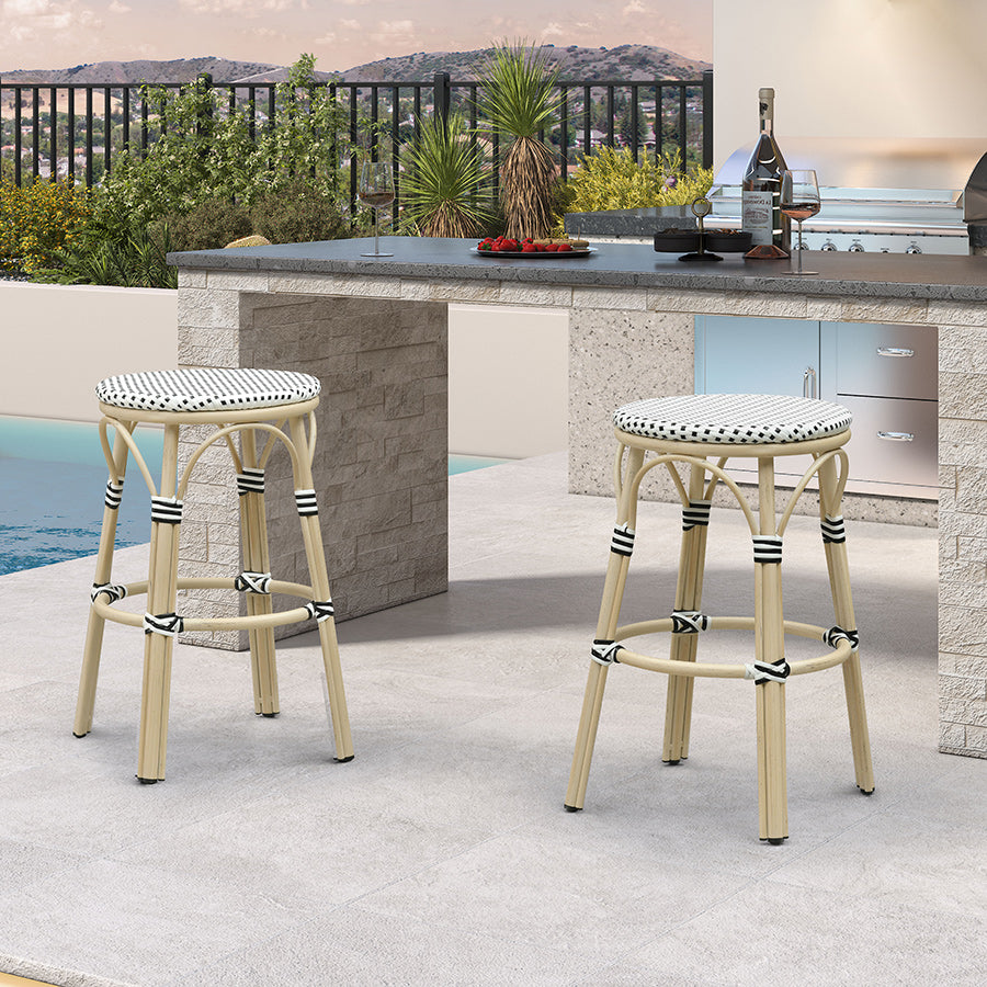 PURPLE LEAF Patio French Round Counter Stool Set of 2 Rattan Backless Stackable Barstools Aluminum Frame Footrest with Woven Wicker for Outdoor Kitchen Yard