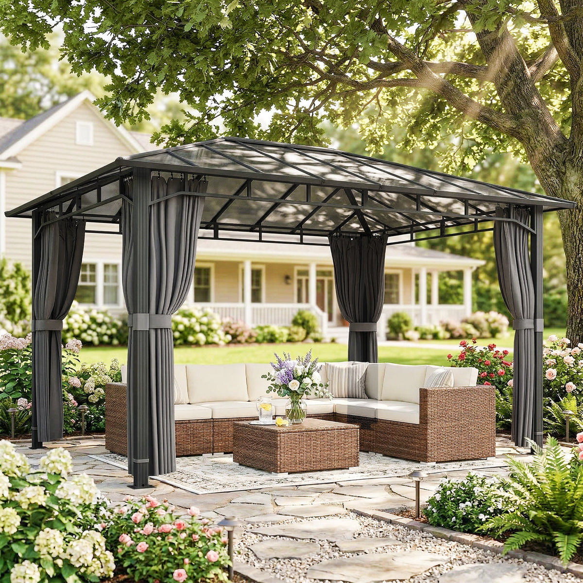 3 x 4 m Hardtop Gazebo with Polycarbonate Roof and Curtains, Dark Grey