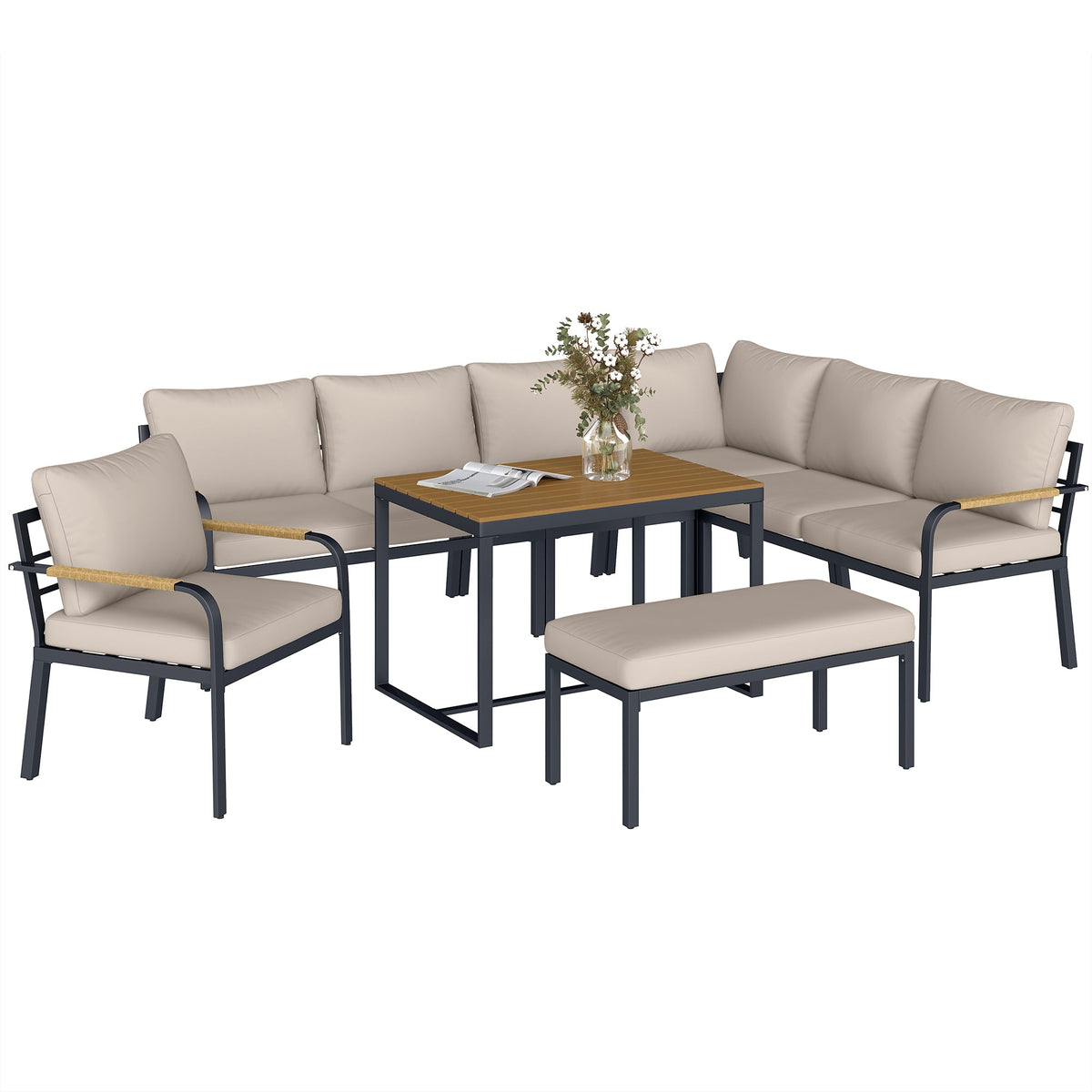 7 Seater Garden Furniture Set with Faux Wood Table, Khaki