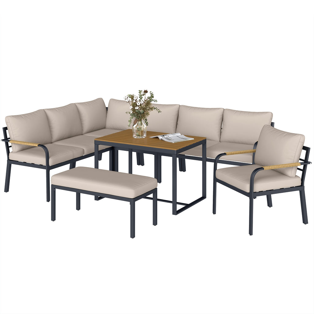 7 Seater Garden Furniture Set with Faux Wood Table, Khaki