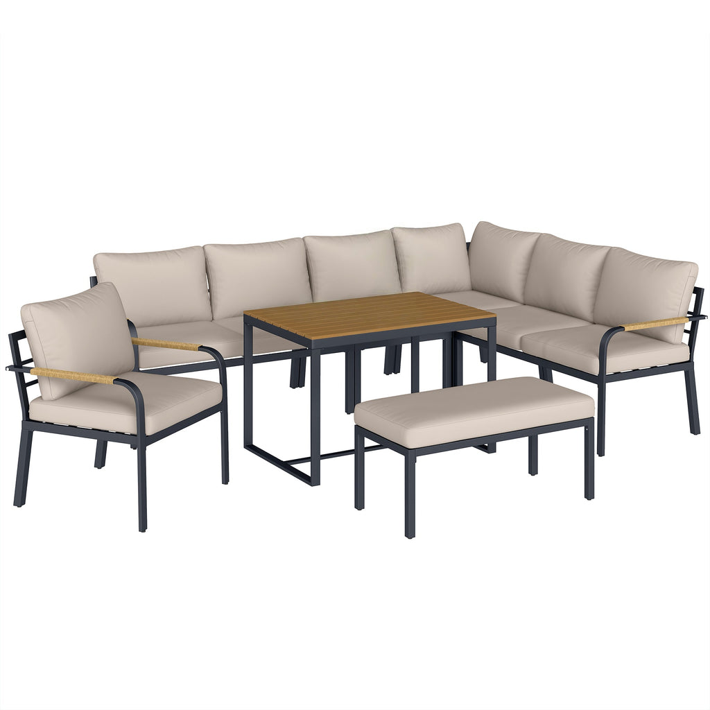 7 Seater Garden Furniture Set with Faux Wood Table, Khaki