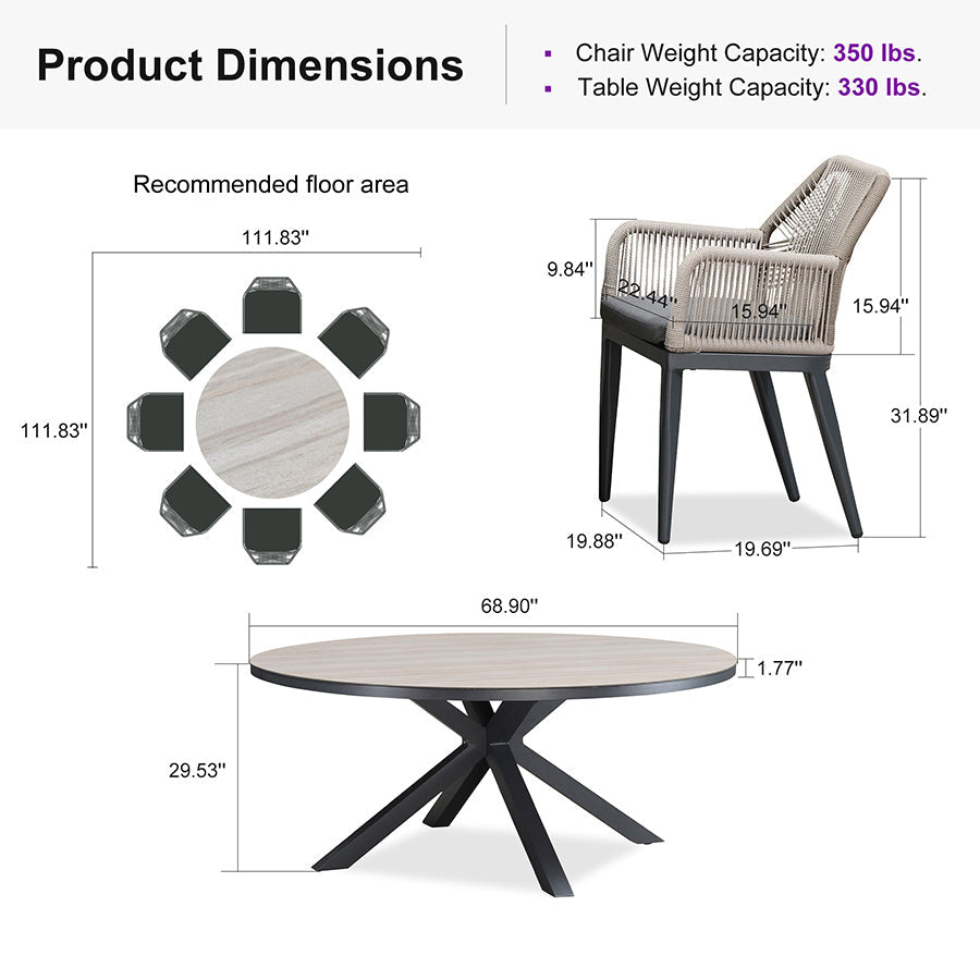 PURPLE LEAF Round Outdoor Dining Set Patio Aluminum Dining Set Round Table and Wicker Chairs with Sunbrella Cushions for Kitchen Deck