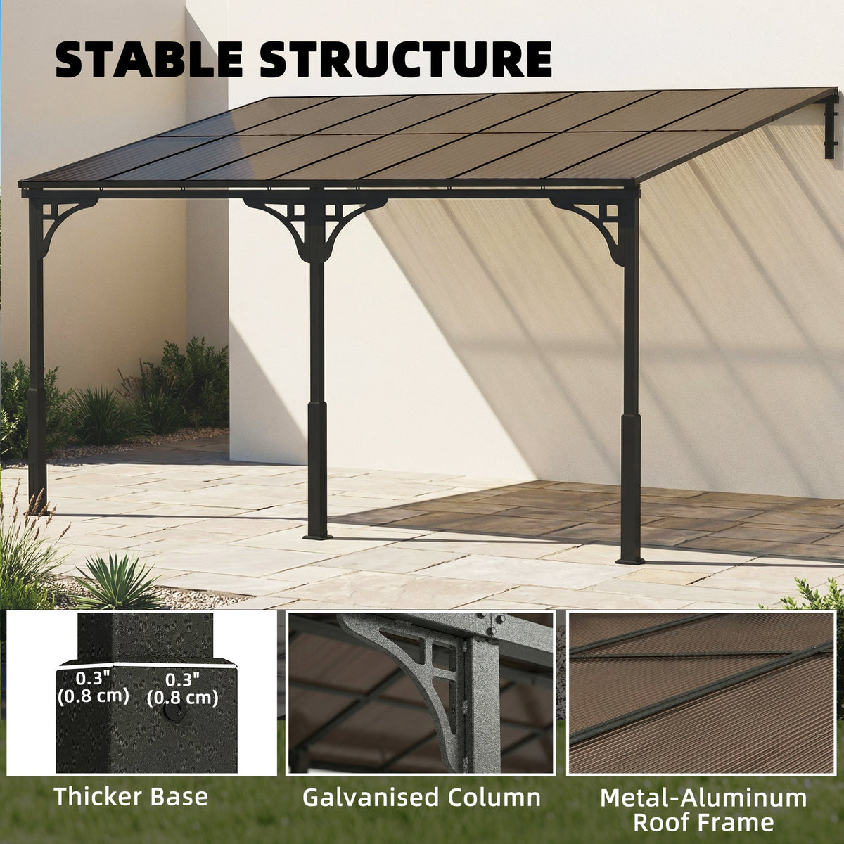 13' x 10' Lean-to Gazebo with Polycarbonate Roof, Brown
