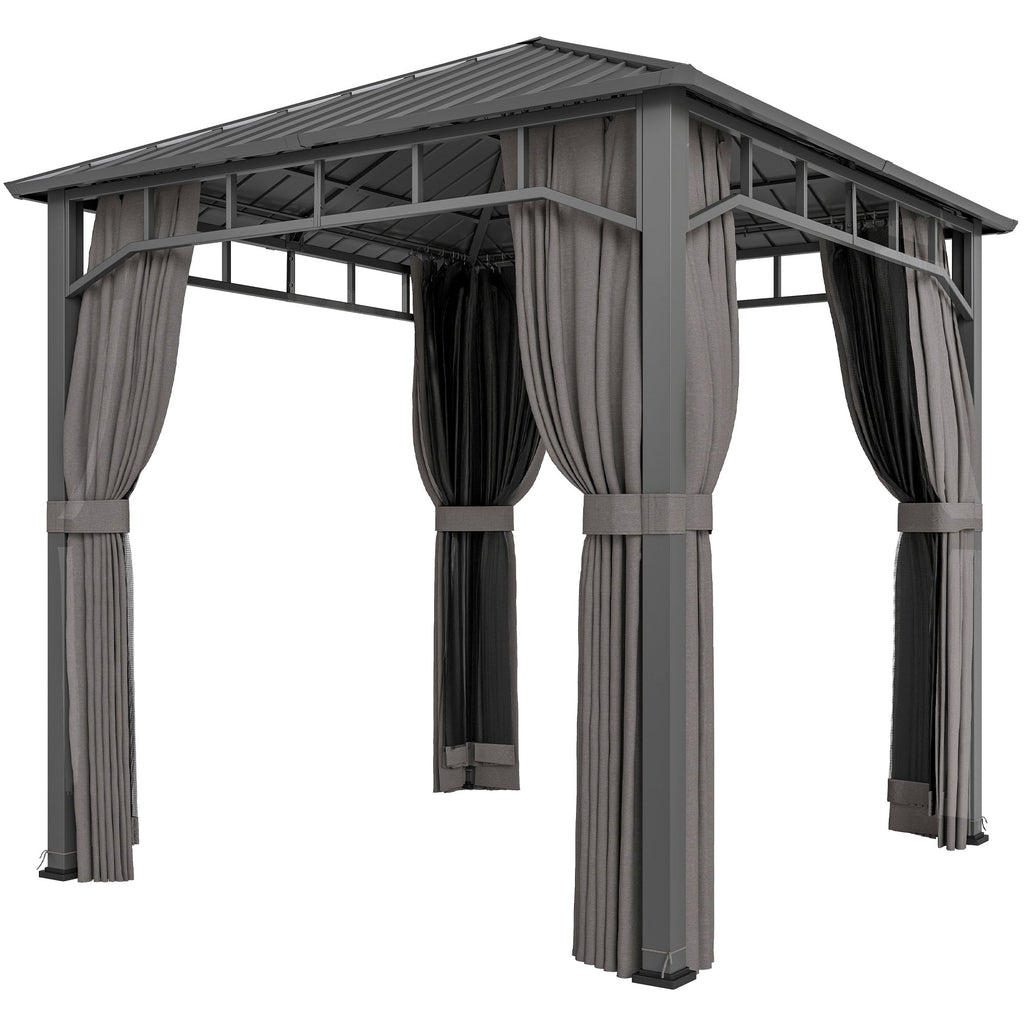 2.5 x 2.5 m Hardtop Gazebo with Galvanised Roof, Netting & Curtains, Dark Grey