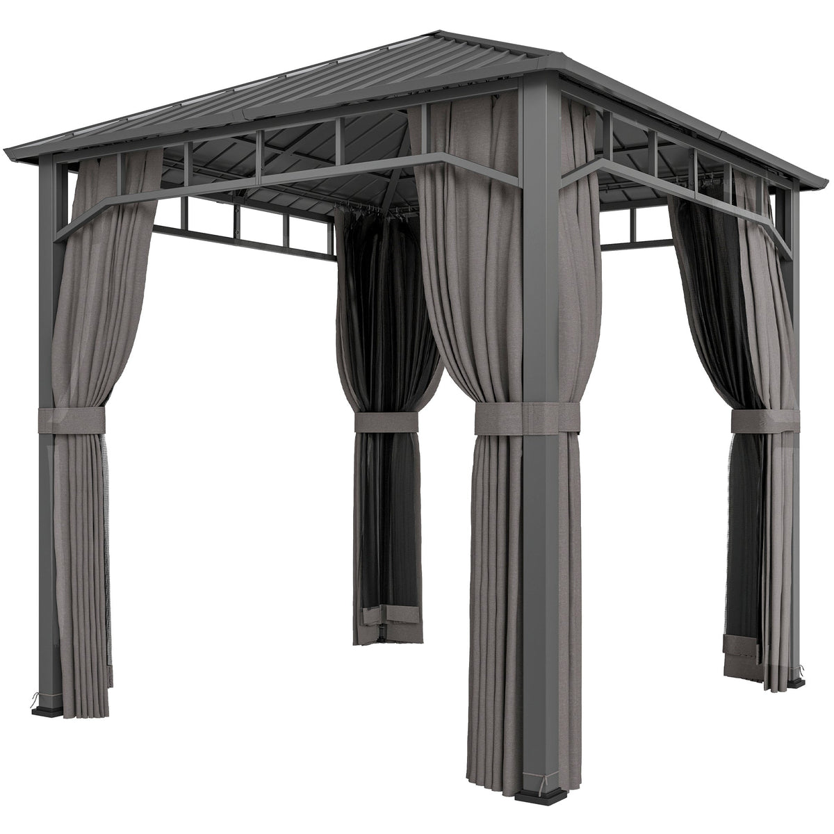 2.5 x 2.5 m Hardtop Gazebo with Galvanised Roof, Netting & Curtains, Dark Grey
