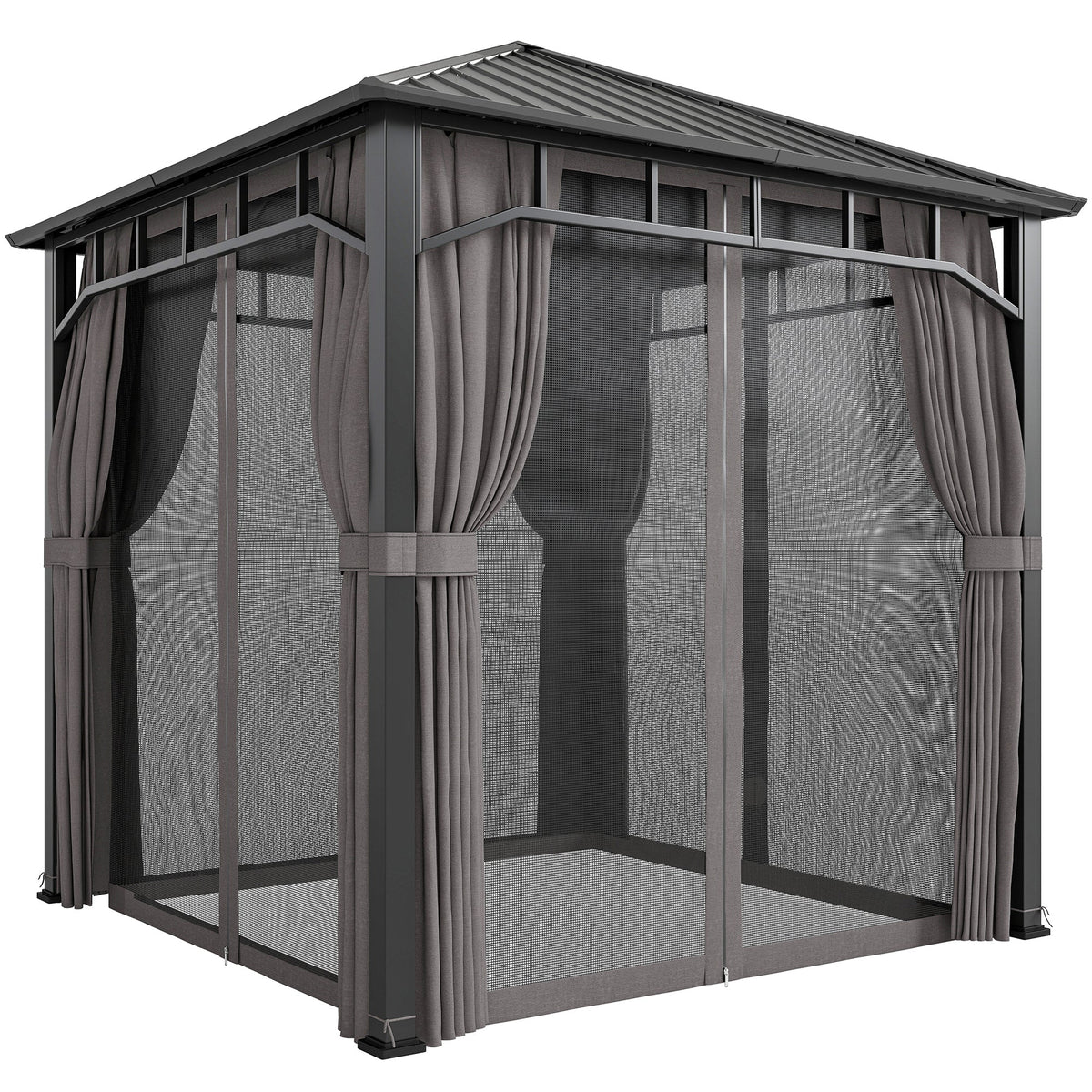 2.5 x 2.5 m Hardtop Gazebo with Galvanised Roof, Netting & Curtains, Dark Grey