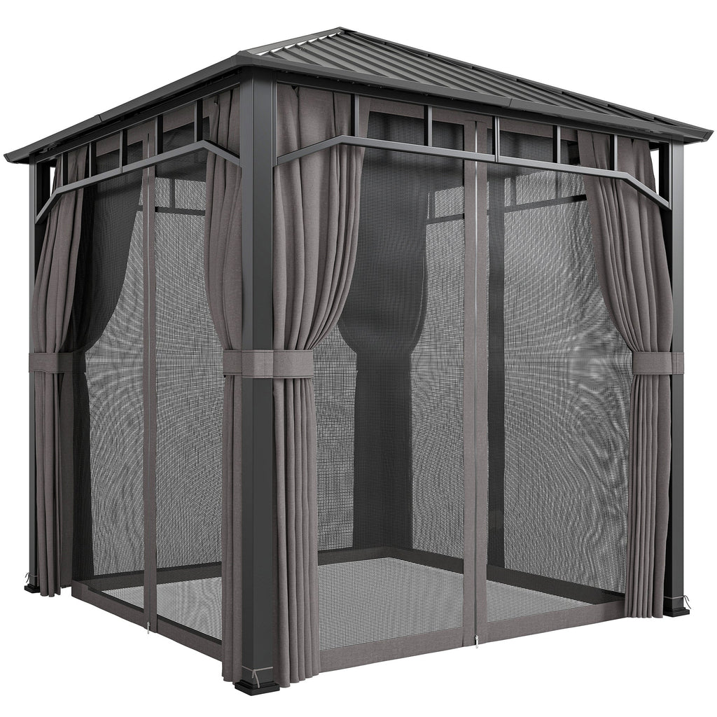 2.5 x 2.5 m Hardtop Gazebo with Galvanised Roof, Netting & Curtains, Dark Grey