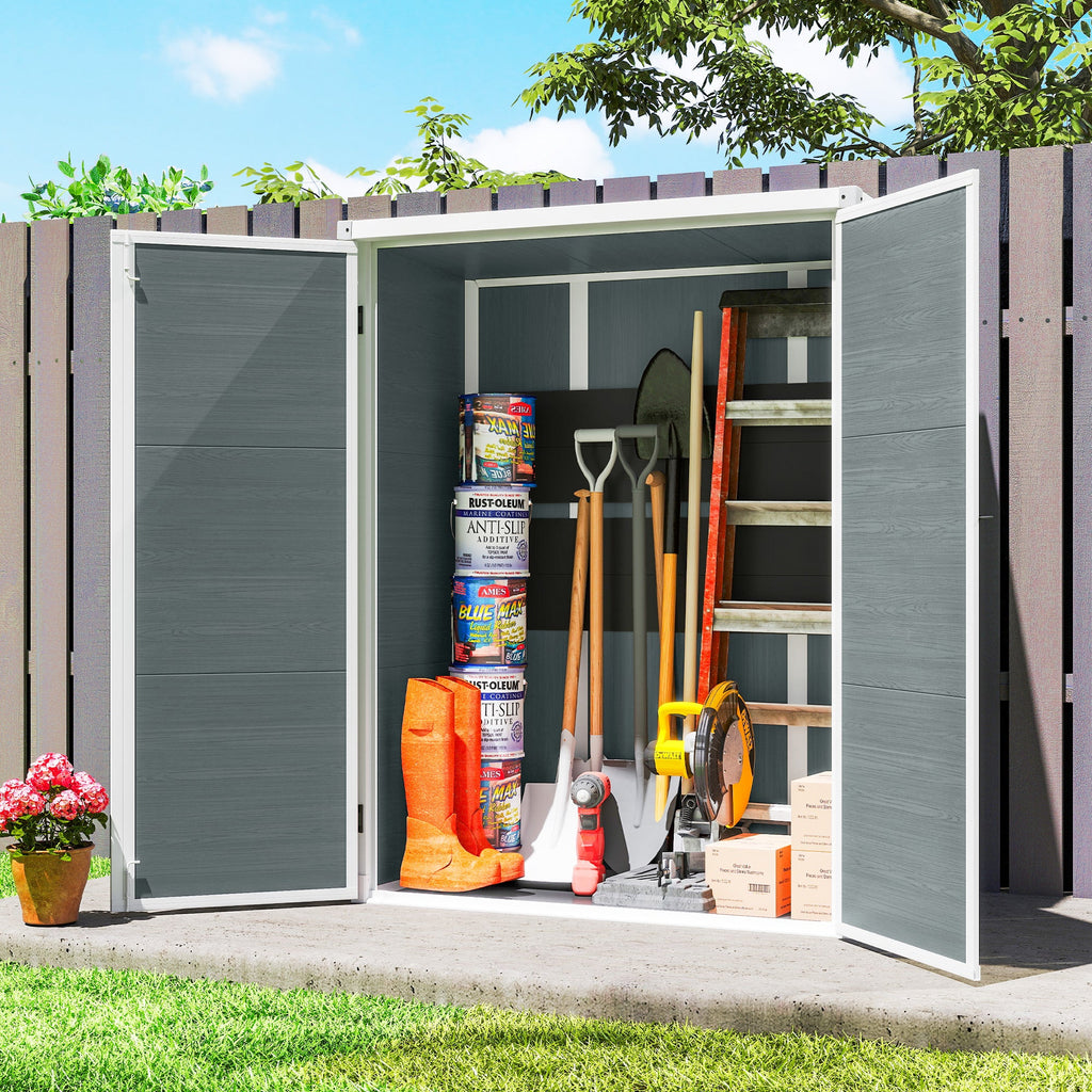4.4' x 2.3' Plastic Garden Shed with Shelves and Floor, Distressed Grey