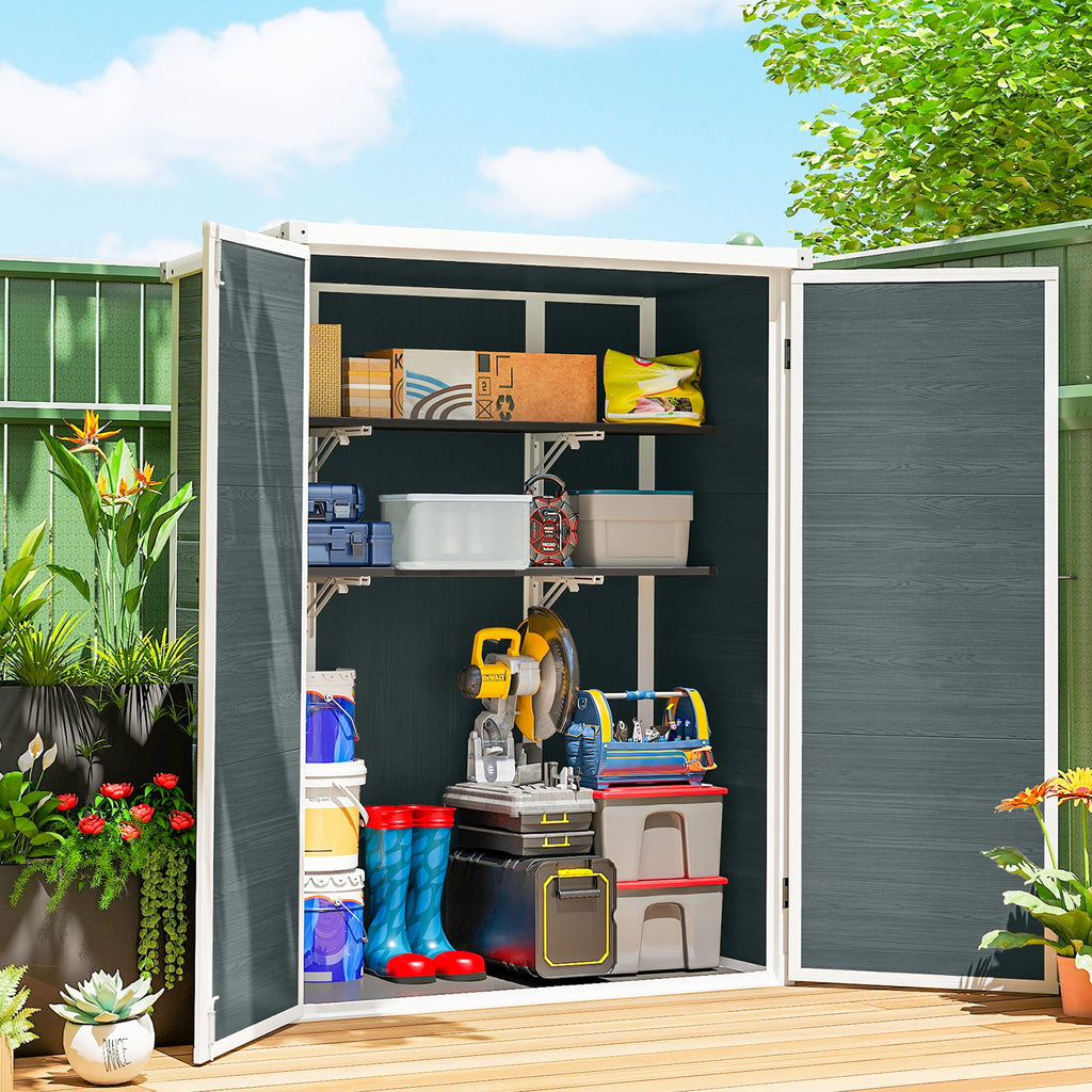 4.4' x 2.3' Plastic Garden Shed with Shelves and Floor, Distressed Grey