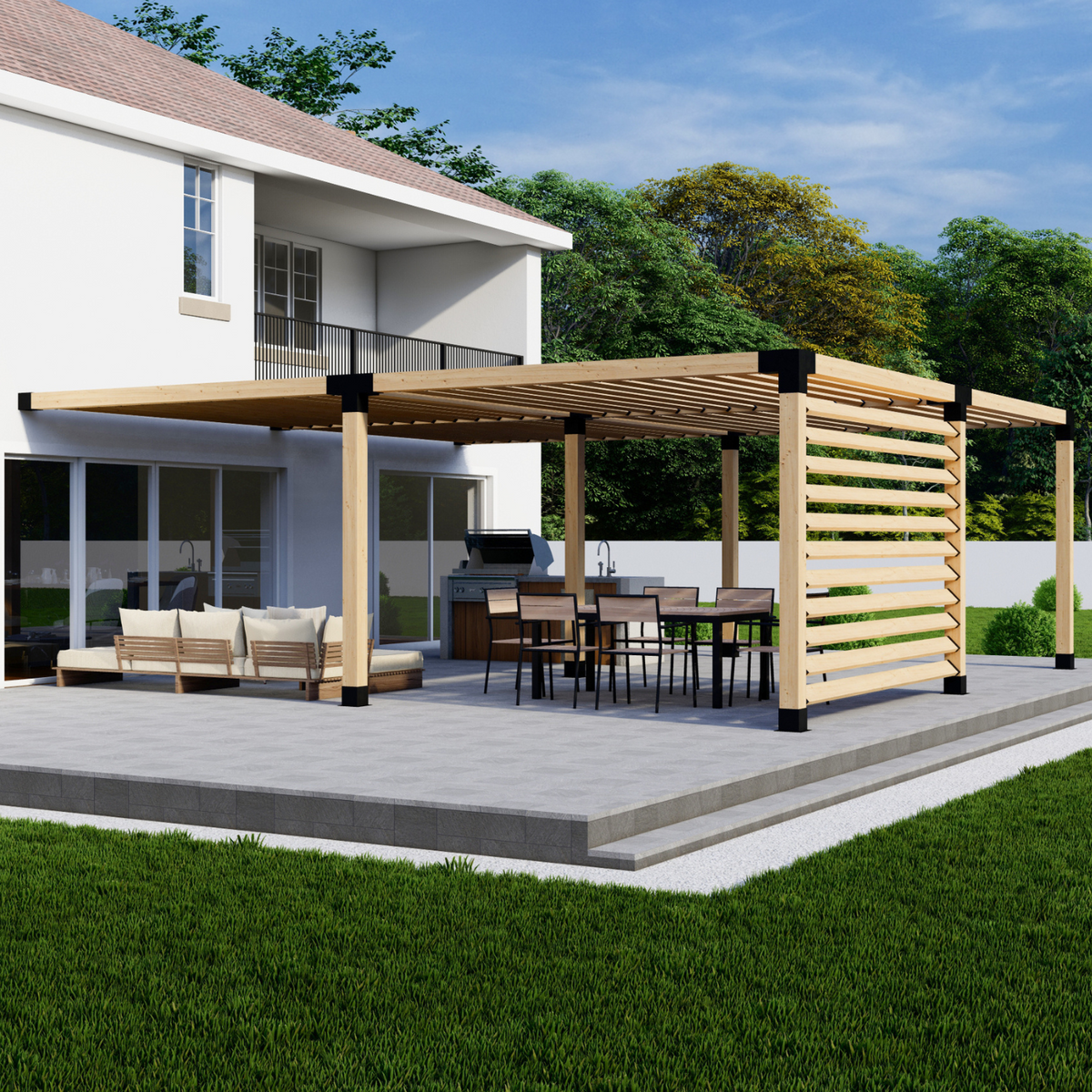 Kit for a Wall-Mounted Pergola With Side Wall