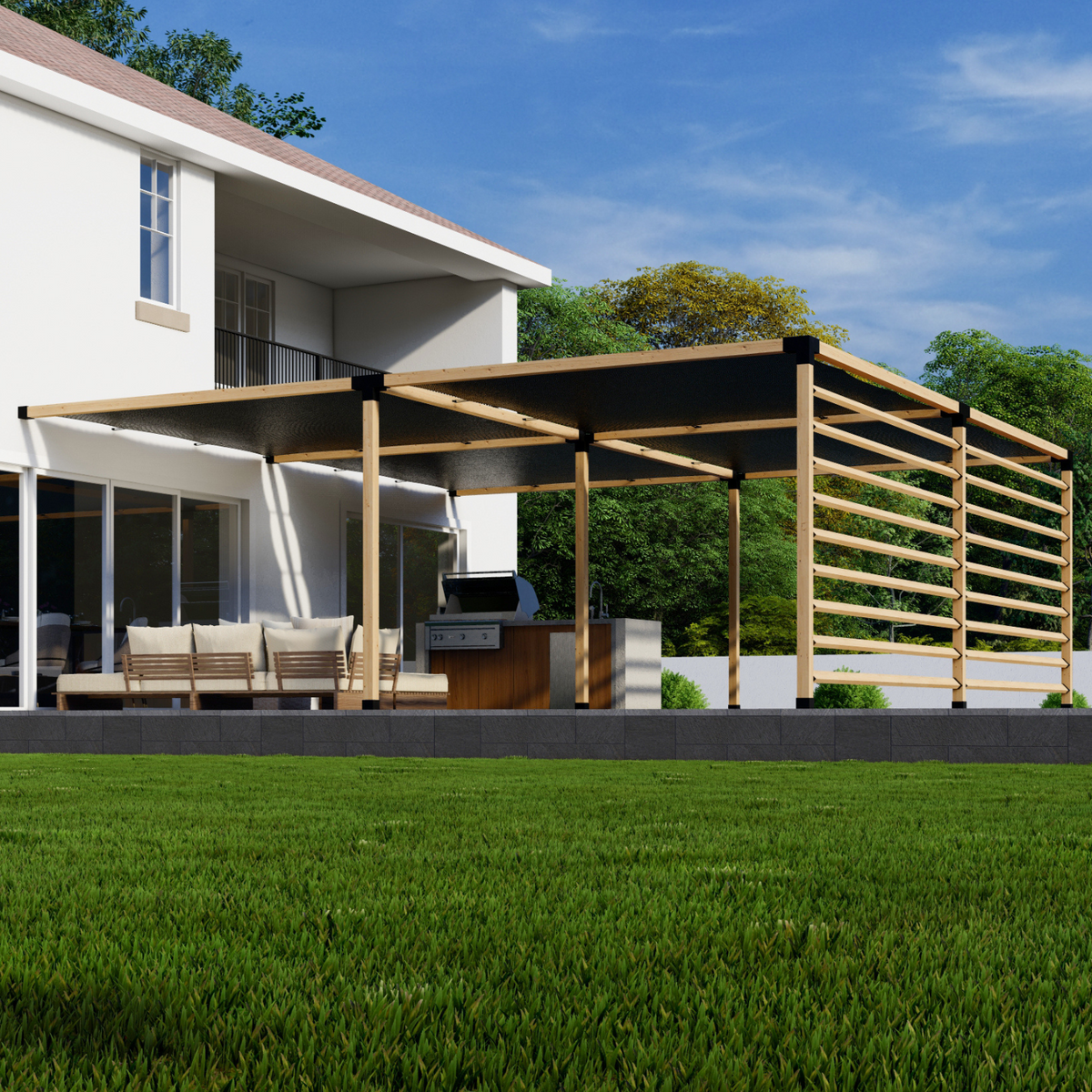 Kit for an Attached Pergola With Shade Canopies