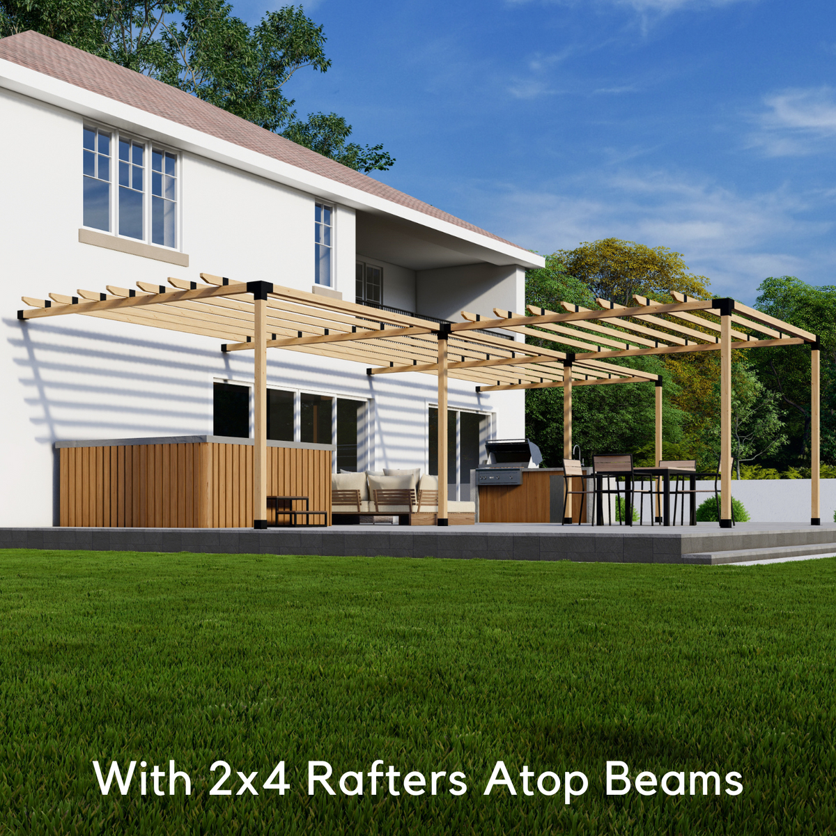 Kit for a T-Shape Pergola Attached to House - Any Size Up to 36' x 24'